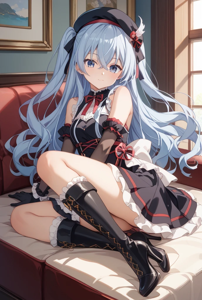 masterpiece,(highest quality,highest quality,8K)Professional Light,Watercolor paints,figure ,I drew,Fine eyes and face,1 Girl,pekora,pretty girl,Long Hair,Blue Hair,Braid,Bunny ears,white mini wedding dress,White garter belt,(Fascinating Underwear),(White lace panties),small ,pretty girl,Good contrast , High sharpness,(nice),RAW Photos,(Very detailed:1.2),Sensual,Seductive pose,(Black heart mark in the eye),fantasy background,Classic interior,in front of the altar