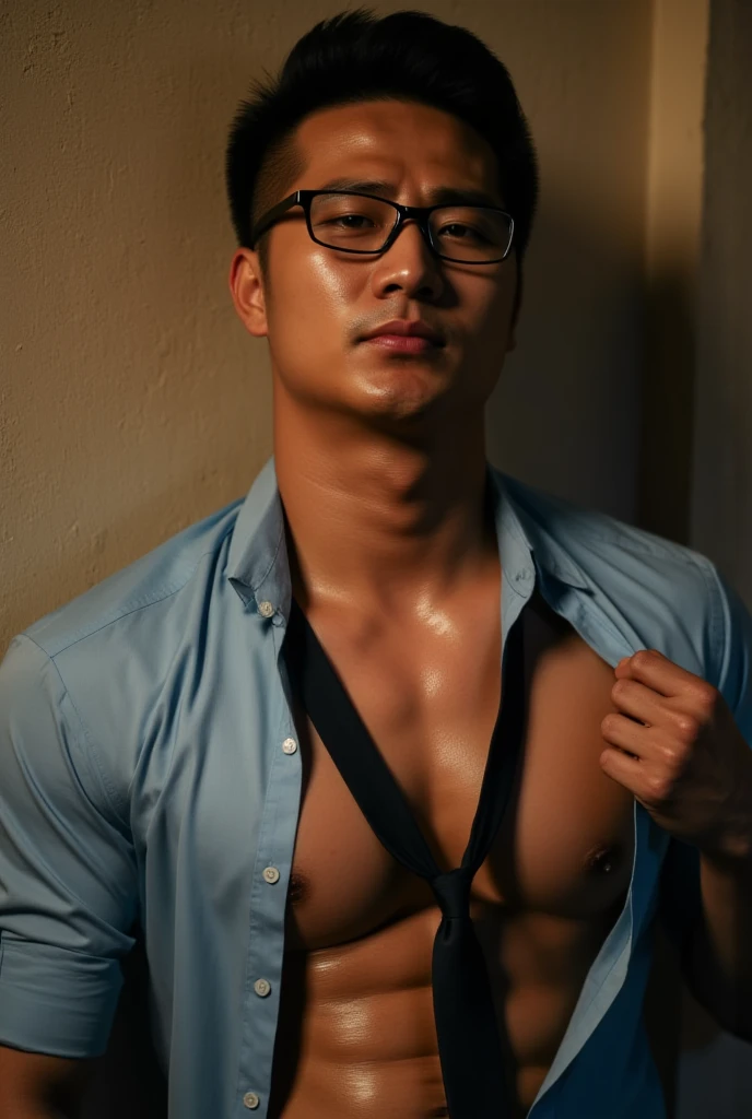 (Photorealistic:1.4, ultra realistic, best quality, 4k, masterpiece:1.2, 8K UHD, RAW Photograph, Photorealistic Portrait Leica Digital SLR, Lifelike images, make this image a true masterpiece), Soft raindrops, a young handsome Japanese man is standing out in the rain set in a traditional Japanese town, His wet kimono clings to his wet body parted just enough to reveal the chiseled lines of his  and   , wet hair, wet glistening skin, The lantern-lit streets behind him are blurred by the misty veil of rain turning the world into a painting of deep blues and golds, His gaze is distant, lost in the rhythm of falling water, half body shot, close shot.
