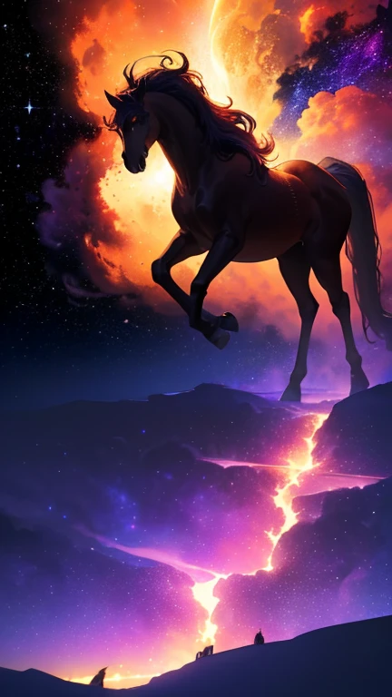 Half human, half horse holding a bow. The background is a purple supernova universe.