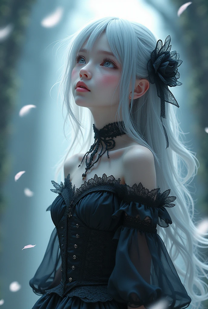 ethereal gothic horror,girl with flowing silver hair,pale skin,elegant gothic lolita fashion,dramatic lighting,dark moody atmosphere,(best quality,4k,8k,highres,masterpiece:1.2),ultra-detailed,(realistic,photorealistic,photo-realistic:1.37),dramatic chiaroscuro lighting,dark fantasy,dramatic shadows,intricate details,porcelain skin,delicate features,translucent skin,dramatic fog effects,haunting beauty,cinematic composition,dark and moody colors,highly detailed  features,dark and somber color palette,dramatic lighting and shadows