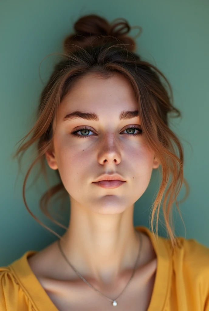 Young teen girl,  petite, blonde hair, small round face, ((small pointed nose:1.1)), blushing cheeks, bright hazel eyes, ((((Kelsey McWilder)))), 8k, 4k, highly detailed face and eyes, imperfect skin, highly detailed skin texture, hair in bun, torso portrait, standing in office, ((cotton shirt)), deep v cleavage, (chubby), , pouting lips, large breasts