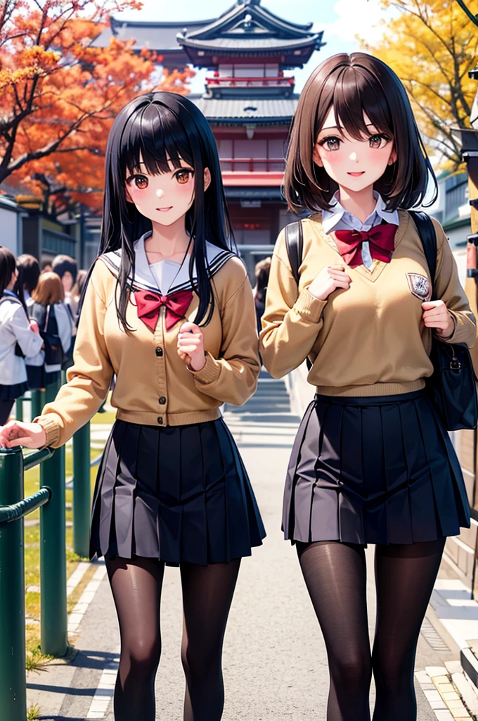 One girl,Highest quality,Super detailed,High resolution,(photoRealistic, Realistic, photo-Realistic:1.2),(9,Flat ),bangs,(smile:0.3),,shigure ui (virtual),Dilapidated,,Backpack,bag,bangs,Black Dress,Black footwear,blush,Pompom hair ornament,Collared shirt,Green Eyes,Knee-high,Light brown hair,loafers,Long sleeve,Apron dress,Pleated dress,school bag,Red Bow,,Sleeveless dress,Twin tails,White legwear,White shirt,anime