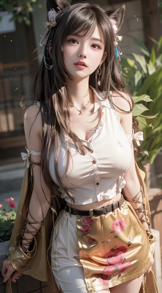 Emma Stone, black_hair, Blurred, Blurred_background, Blurred_prospect, Bokeh, chest, brown_eye, button_gap, buttons, Christmas_wood, chestof谷間, With collar_shirt, Cosplay_photograph, depth_of_Field, big_chest, lips,
