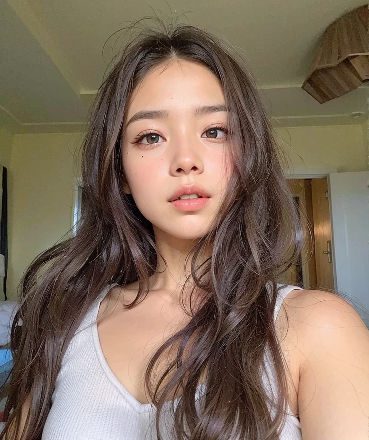 there is a woman with long hair and a white tank top, jennie blackpink, Heonhwa Choe, Mulher sul-coreana bonita, linda mulher coreana jovem, mulher coreana jovem bonita, a young asian woman, gemma chen, young adorable korean face, young cute wan asian face, Gongbi, Asian face, sem maquiagem cabelo ondulado, Kimi Takemura, Wenfei Ye