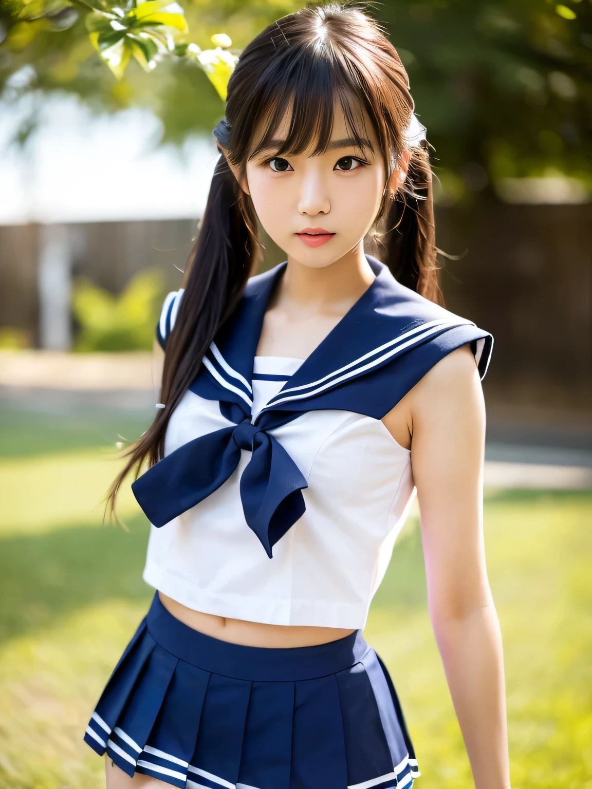 ((((((18-year-old))))))、、(((A charming face)))、(((Young face)))、(((beautiful girl)))、(((A beautiful woman)))、Beautiful woman、Cute woman、((Innocent face))、((Smile))、((Ultra-detailed face))、((Detailed lips))、((Detailed eyes))、((double eyelid))、(((Beautiful Face)))、(((Beautiful, well-shaped eyes)))、(((Beautiful, well-shaped lips)))、Very Short Hair、ponytail、Pixie cut、BREAK、BREAK、(((Wearing a sailor uniform)))、BREAK、8 heads、(((slender)))、(((Slim body)))、(((Thin body)))、(((Slim woman)))、(Flat Chest:1.5)、BREAK、Photographic quality、Natural light、(フォトRealistic:1.4)、(Highest quality:1.2)、(Ultra-high resolution:1.2)、8K、RAW Photos、Realistic、High Detail、Film Grain、Detail Skin、Symmetrical、Delicate skin、Real human skin、pores、Super detailed、Detailed、(masterpiece : 1.2)、Thin face、Sharp Face、Small Face、Small face、Narrow shoulders、Small shoulders、Small shoulders幅、Slim shoulders、Narrow shoulders幅、Beautiful Japanese Woman、Beautiful Korean Woman、Slim womanモデル、Young Gravure Idol、Realistic young gravure idol、Young Sensual Gravure Idol、Young Pretty Gravure Idol、Japanese Model、Young Gravure Idol、((From the knee up)) 、(arms behind back:1.3)