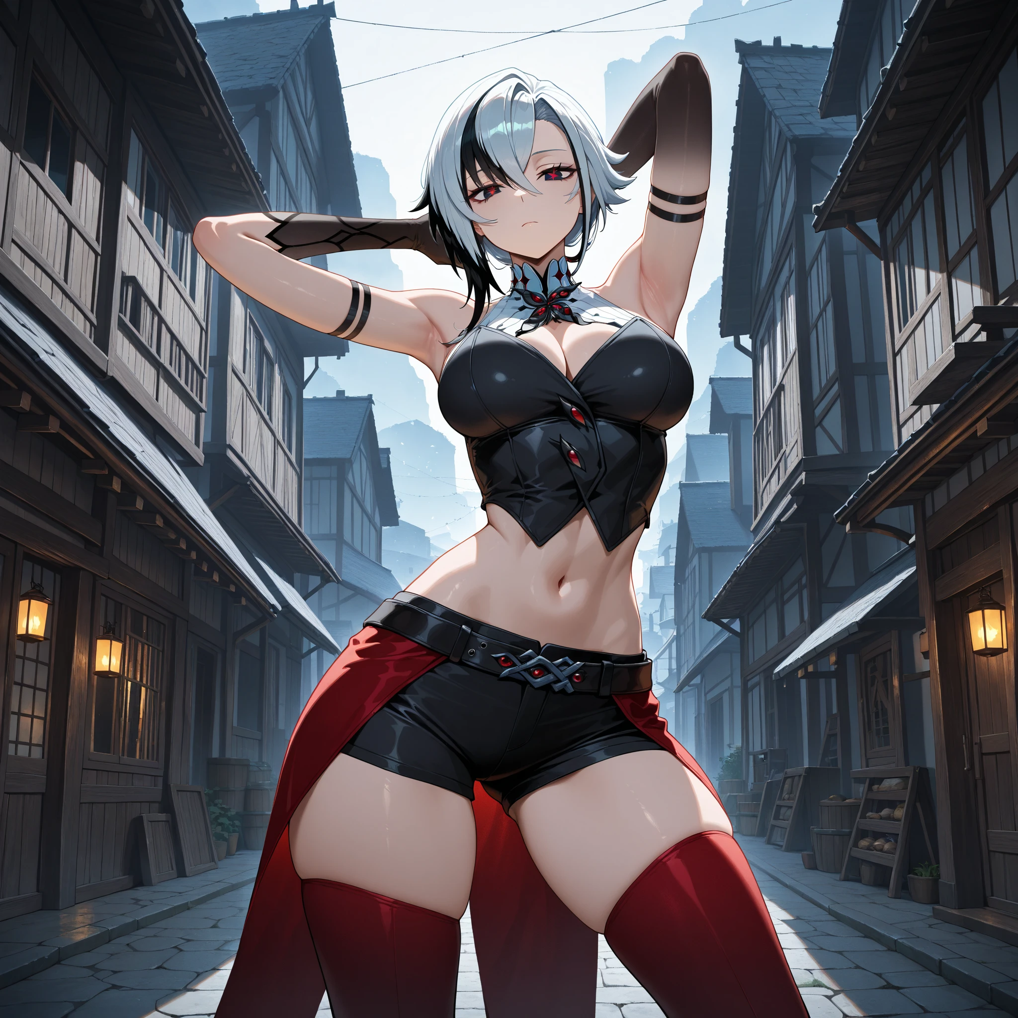 Furry girl、dog、Ultra-detailed eyes、ultra-intricate pupil in eyes、top-quality、Full body standing picture、(stylish pose:1.4)、White hair、shorth hair、poneyTail、Yellow eyes、Hanging、sharp eye、Narrow-eyed、(half-closed eyes:1.2)、(jitome:1.5)、((Sanpaku eyes))、(Red scarf:1.2)、(Black tube top:1.2)、(Hot pants with fur:1.2)、Raw feet、Bandit Boots、Navel、Shoulder out、Strapless、(Transcendent Beautiful Girl:1.1)、small tits、、GameCG、(assassin:1.2)、(sharp knife:1.1)、