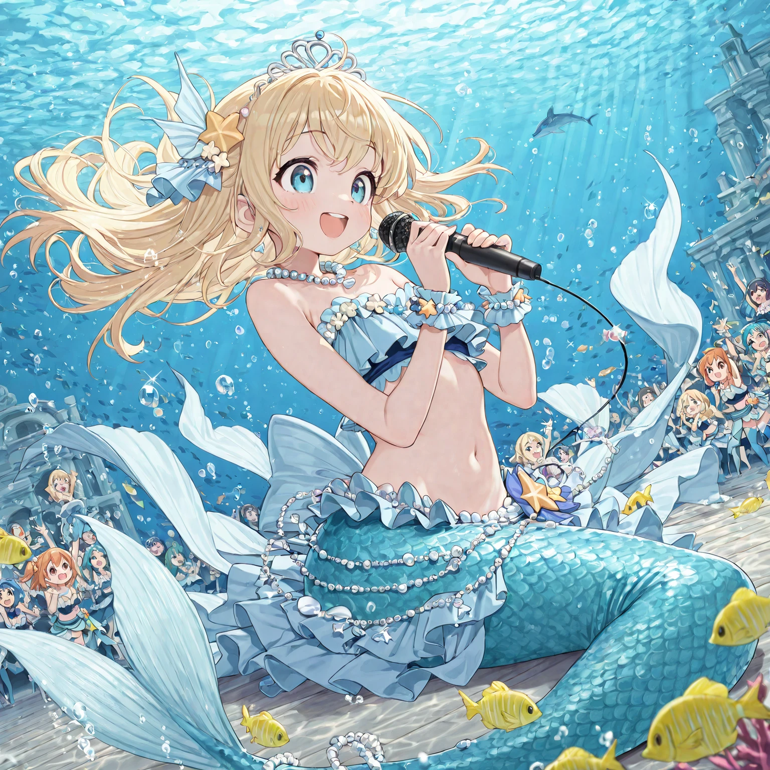 hitenkei style, claude monet, oil painting, mermaid, (()), , masterpiece, underwater, coral reefs, schooling fish, 1 girl,  , intricately detailed, navel,  shoulders, blonde hair, pearl necklace, fin hair ornaments, under sea, extremely detailed,  , puffy , blue eyes,  stomach, soaked, , arm strap, swimming, teen, soft eyes, smiling, armpit, happy, half open eyes, lusty eyes, blushing, long hair, side bangs, sleepy eyes