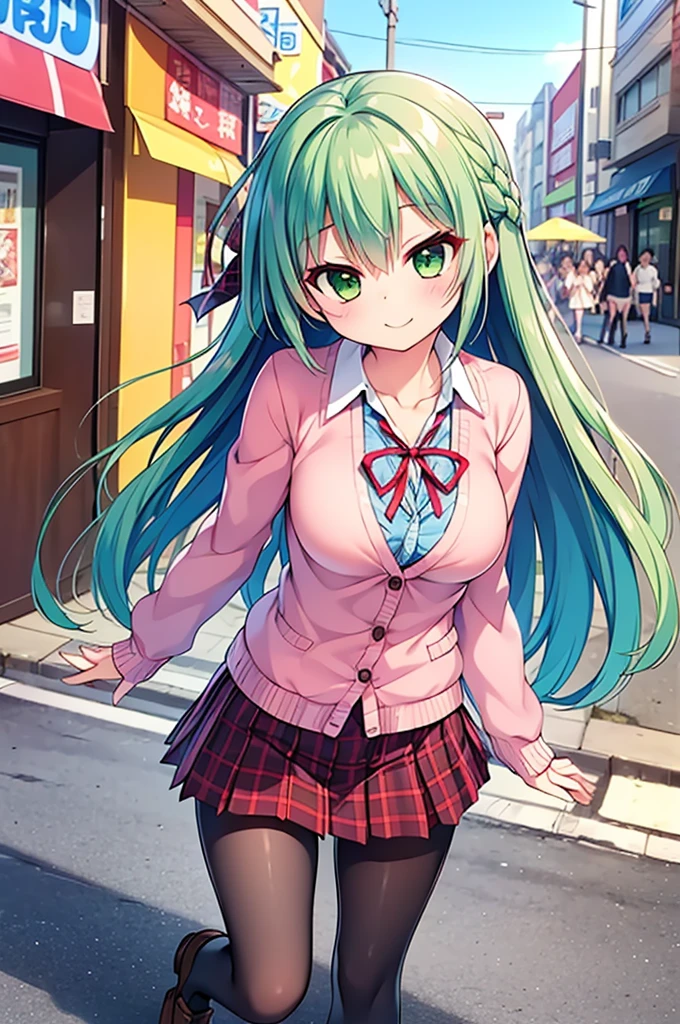 masterpiece, Highest quality, 1 Girl, Lum, happy, blush, Grey knit, Black , Grey tights, boots,anime, From before, blush, Standing with hands clasped in front of the body, Embarrassed, Mature, 18-year-old, City of night, Gaze Here, High definition, Japan, Green Hair、From below、Focus on the feet