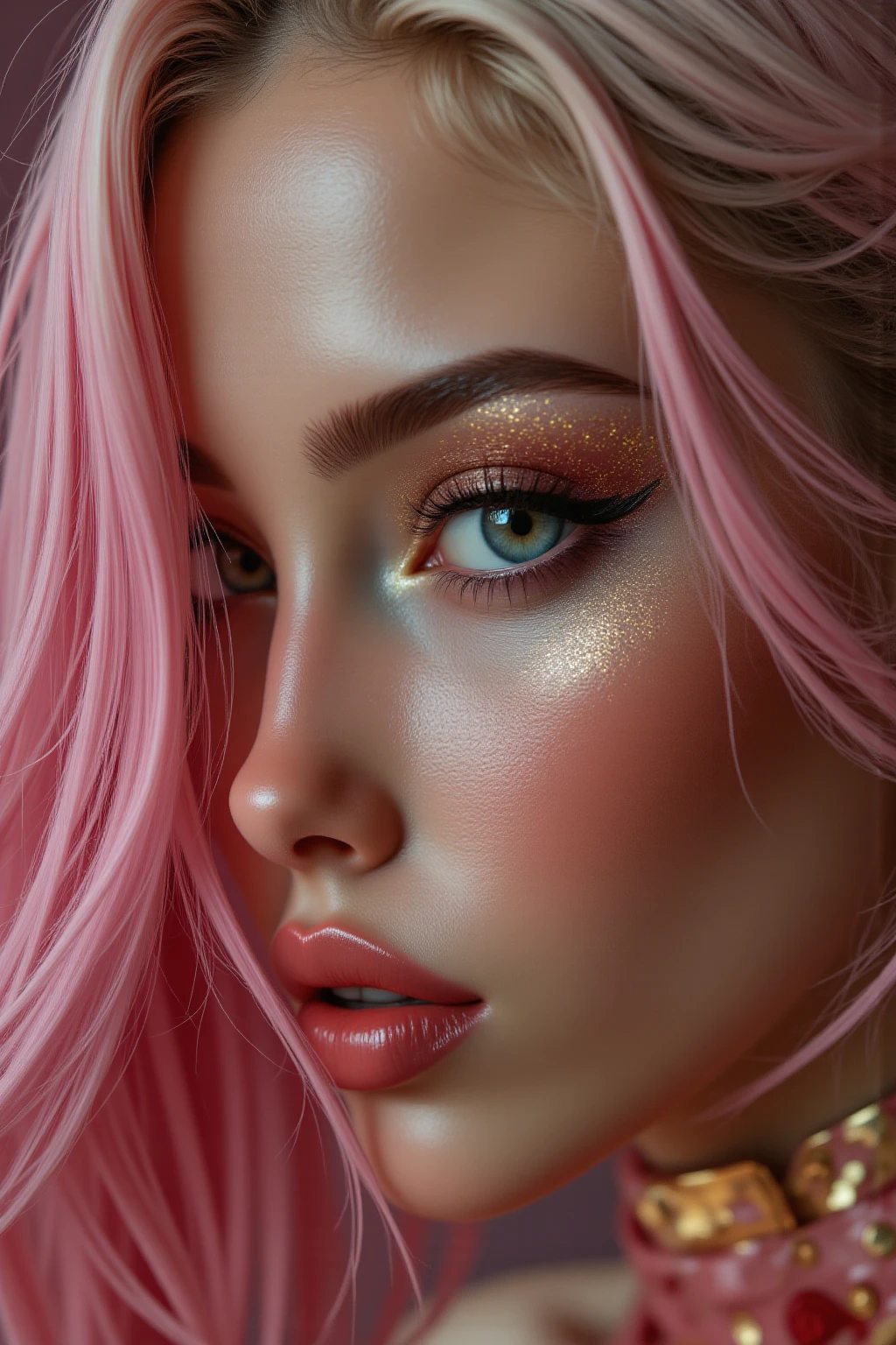 (((ultra realistic))) Photo, masterpiece, top quality, (pale skin), (Ultra detailed face and eyes:1.1), 1 girl, Adult, deep neckline, (Eye makeup, mascara) , ((large detailed lips)), ((pink wavy hair)), ((Chyolka)) , ((Natural breasts)). ((Posing)), photoshoot, studio ((contour light)), (The play of light and shadows), depth of field, bokeh, (special attention to skin detail: 1.2), (Light atmosphere of the frame, Pastel colors, Colours black), ((portrait, close to the camera)) , ultra detialed, 