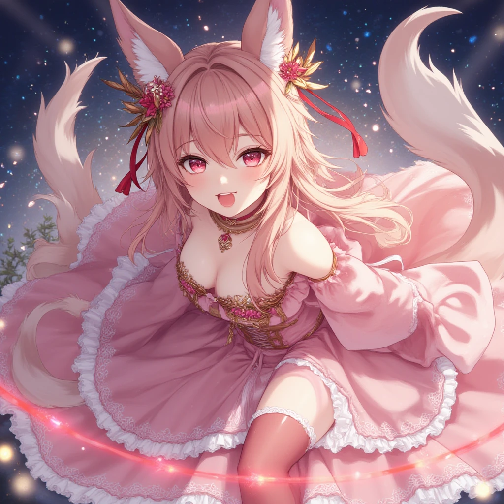 Fox Girl, Fox's Tail, Nine-Tailed Fox,Fox Ears, Black colored hair, Fox Makeup,One Girl、 Kimono with open chest, Body size is 100-70-90!、Nice body, Avatar, face, Open chest,  face, Dominant representation, naughty face,Big Breasts,Emphasize cleavage,Show 、Skin is visible、With 、Show off your thighs、With 、A beautifully patterned kimono、I can see her cleavage、Muscular、Uplifting、Abdominal muscles、 skin、Long Hair、Skin Texture、Soft breasts 、outside、Grassy field