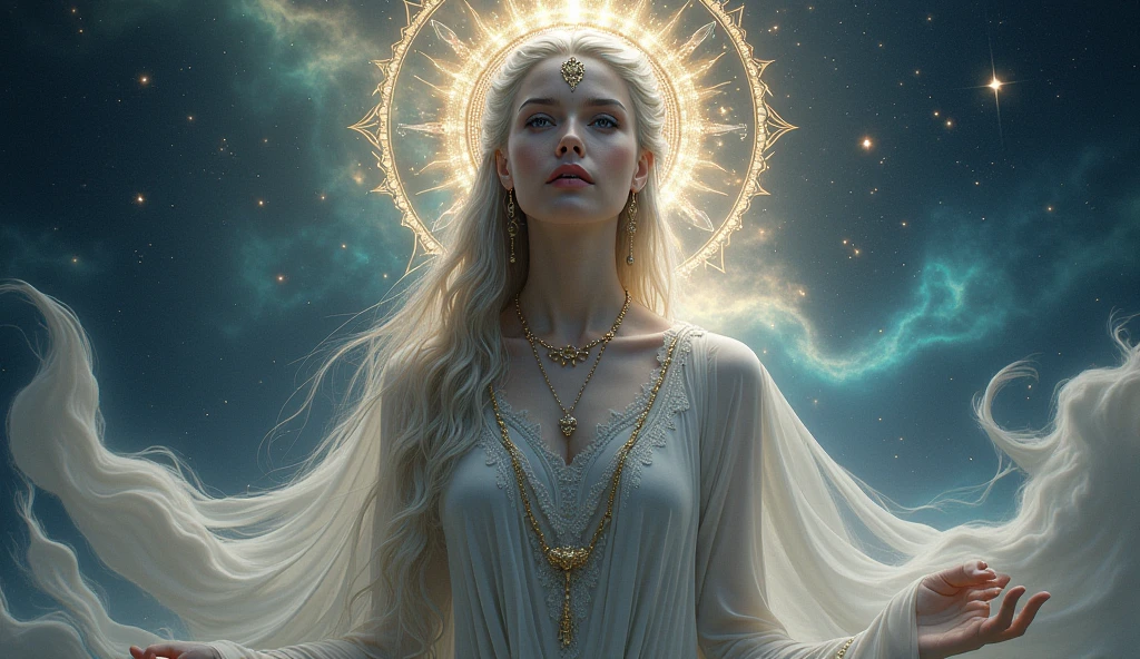 an astrological woman with platinum hair and the appearance of a goddess , In a place of millionaires