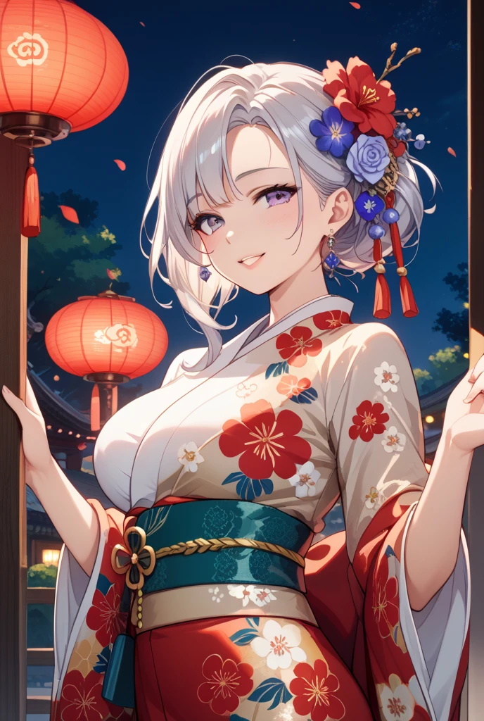 ((One personの女性)), Beautiful Face,Laughing embarrassedly,((Wink:2.3)),Laugh with your mouth wide open((Bright red cheeks:1.4)),Shiny red lips,night,rooftop,Festive decorations,You can see the ocean, firework,Laughing with your mouth open,Glossy pink lips, lighting,((Anime style background)),masterpiece, Highest quality, so beautiful,up to date, Complex details, (Pink long nails),(ring),(bracelet),(choker),AI-generated, Complex,High resolution, Highest quality, super high quality,3D Images、3D Images,One person,Long white hair,High Ponytail,(White eyes),Anime woman posing for a photo, ((Fine grain、Silvery white colorful eyes、Shining Eyes:1.4)),(Squint your eyes:1.1),a hyperRealistic , hyperRealistic , Realistic,Anime woman with long white hair, Smooth anime CG art, A woman in a colorful kimono with gold embroidery, (Black long sleeve kimono),Red floral pattern,Long flower hair ornament,big floral earrings,Mature Body,(Big Breasts:1.1),expensive,Abdominal muscles,Tight waist,(Zoom up to face:1.7),Shooting from an angle