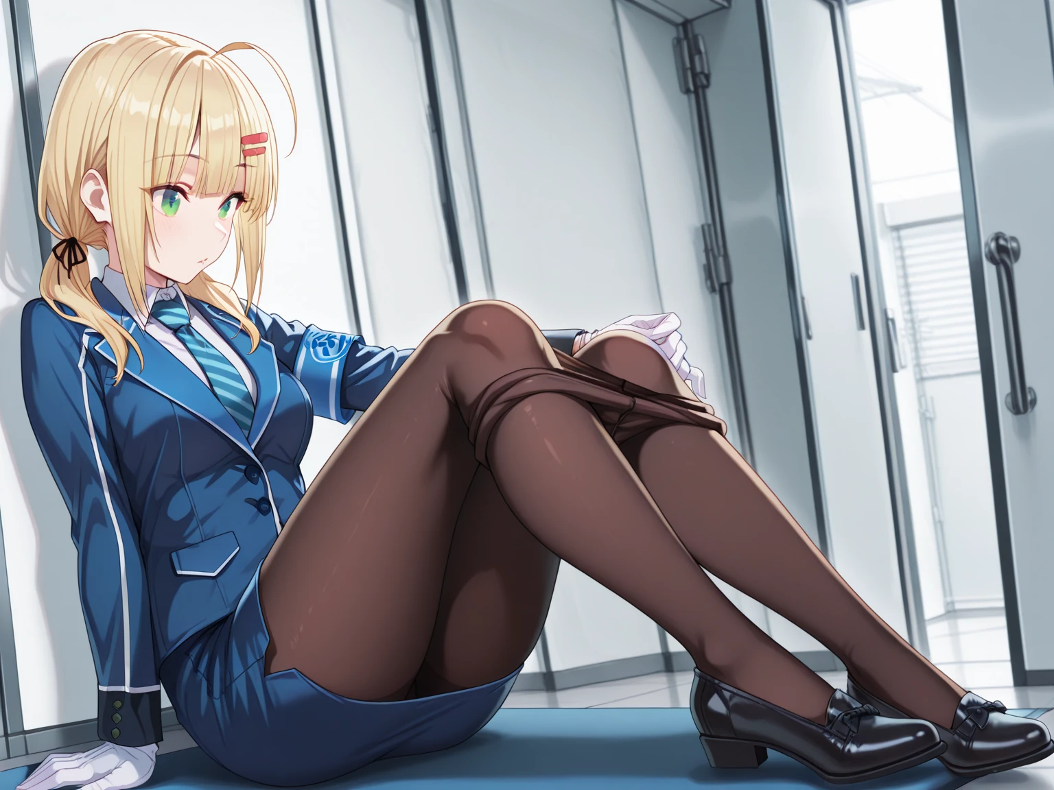 ((Mastepiece, Top quality)),  ,Sleepy expression, tall, Uniform, (open_shirt) showing boobs, Blue tie, skirt, Blue, high socks, Loafer shoes, Uniform, long white shirt, blue tie, skirt, skirt is knee length, blue high socks, loafer shoes, 1girl, mature, adult, medium breasts , soft skin, nice big dark green eyes (high detail eyes), office, sitting, computer keyboard, expressing dissatisfaction, lens flare, fine features, perfect , centered, perfect distance, highly detailed, Highly Detailed, Rich Colors, Lush, Clean, Rich Colors, Elaborate Detail, Golden Ratio Illustration, , , from below, , red 