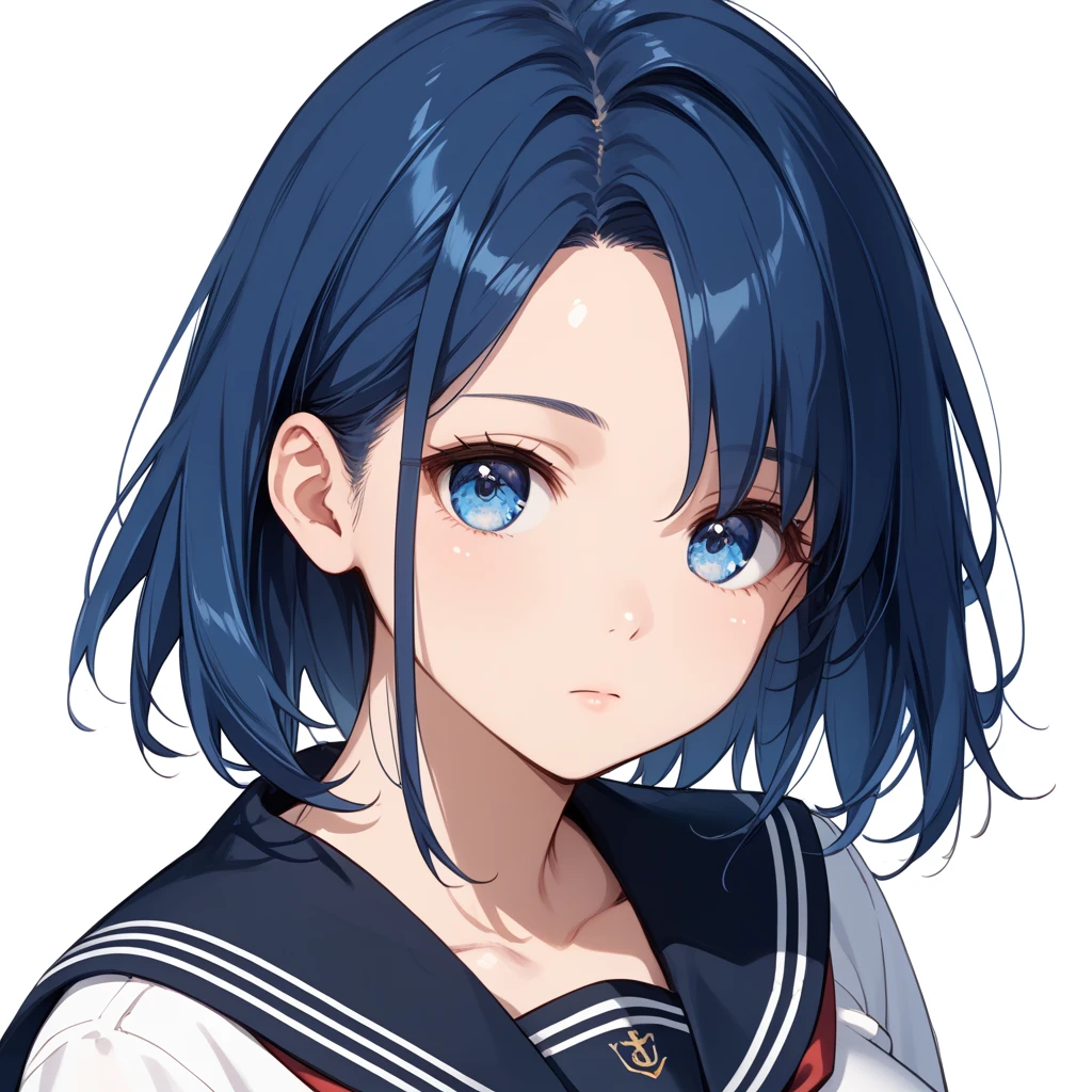 masterpiece, highest quality,figure,sailor suit,slanted eyes,straight hair,blue hair,side parted,super dense skin,beautiful and fine eyes,short sleeve shirt,brown eyes,(:1.2), (A raised and well-defined :1.2), (Lifted :1.2), (  :1.2),high school girl,Highly detailed black ,please sit down,crossed arms