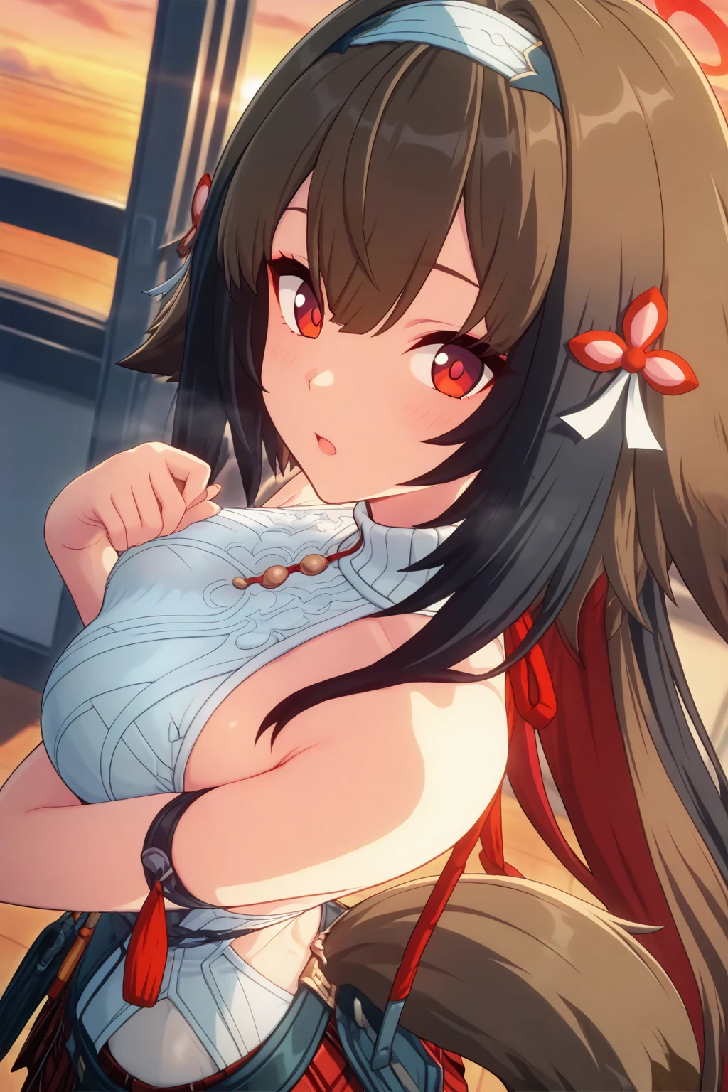 masterpiece, best quality, ultra high res, beautiful detailed hair detailed face, perfect feminine face, (((taihou))), azur lane, twintails hair, ahoge, black hair, hair ornament, (pink night gown, lace, frills), (gigantic breasts:1.4), sagging breasts, huge cleavage, art by sakimichan, george kamitani, akira yasuda