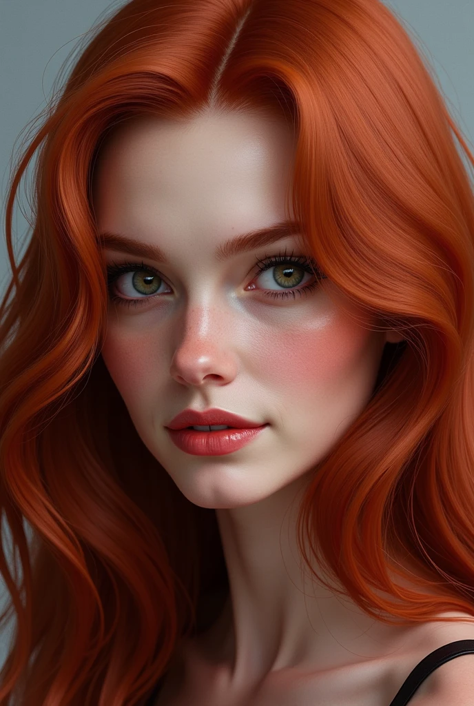 (8k, RAW photo, highest quality),(epic realistic:1.5), a girl, dynamic posture, face,shirt,(detailed eyes:0.8),(looking at the camera:1.4), (highest quality), (best shadow),intricate details,cinematic,((skin:1.4)),interior, (long ponytail ginger hair:1.3),dark studio,(hdr:1.5),detailed, muted colors, freckles