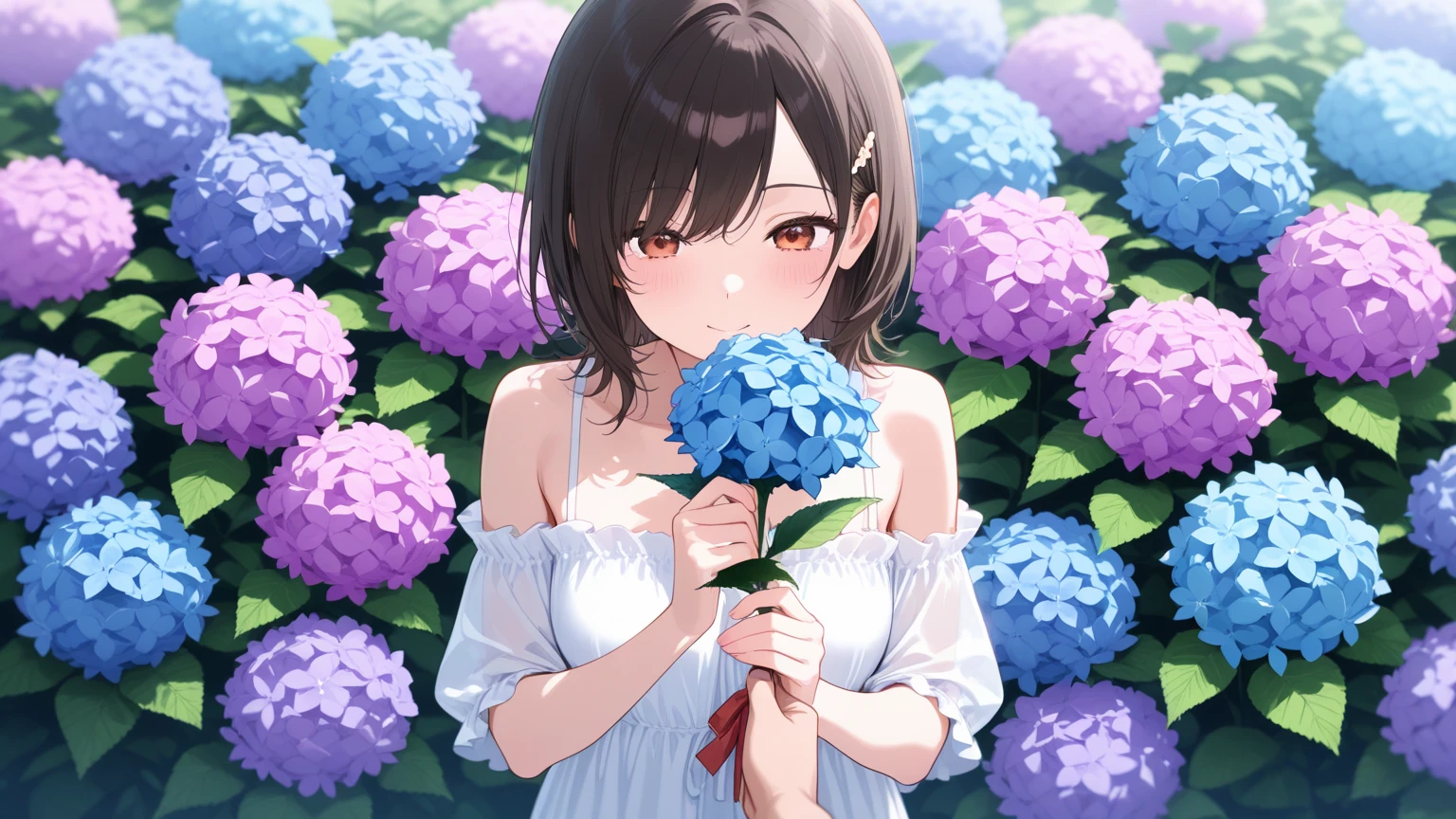 MASTERPIECE, best quality, high quality, extremely detailed, very delicate and beautiful, (1 female 18 years old solo: 1.2), (long black hair, two-side up to waist: 1.4), fringes to eyebrows, eyes. (eyes sharp, strong glossy glossy eyes, eyebrows glossy, (eye colour magenta: 1.3), 6.5 head tall, (shirt: 1.3), skirt, knee socks, lace, (melancholy expression), (hands folded), (dynamic pose), (background hydrangea garden: 1.3), (rain: 1.3).