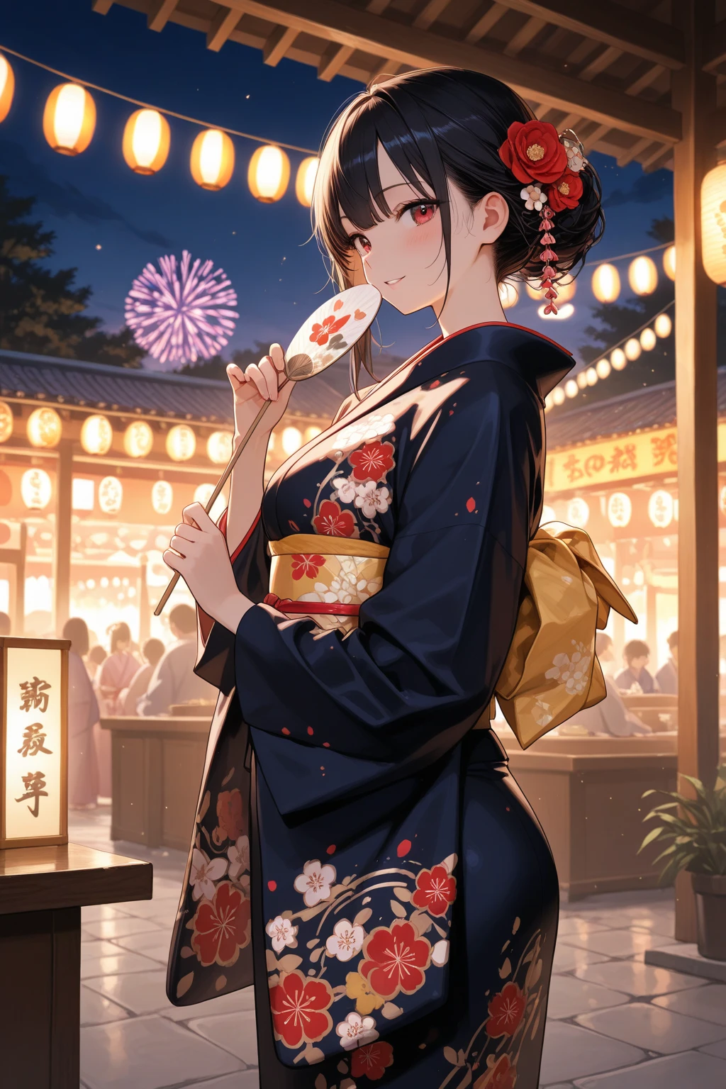 Anime girl in a black dress standing on a street with lanterns - SeaArt AI