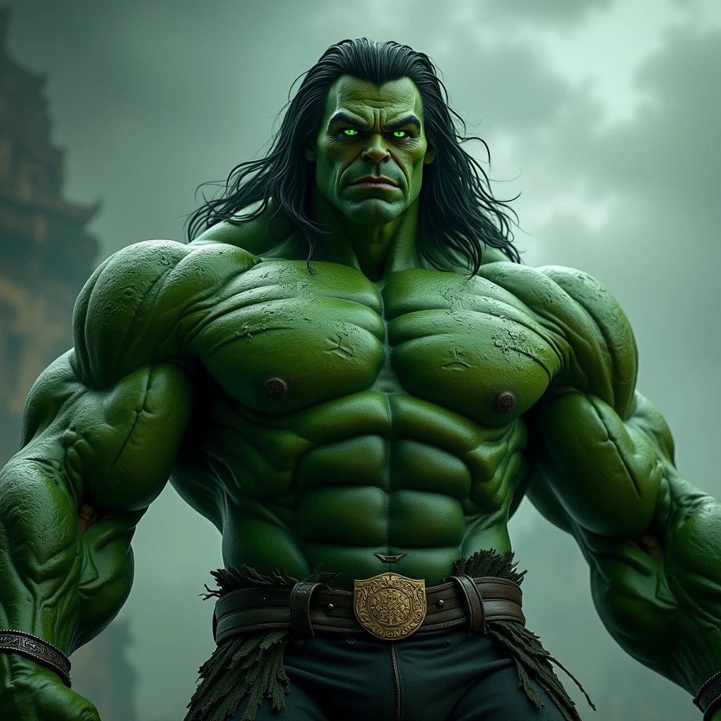 Create a cinematic image of a fusion of the Hulk and Thor, hiper-realista, 16k, qualidade