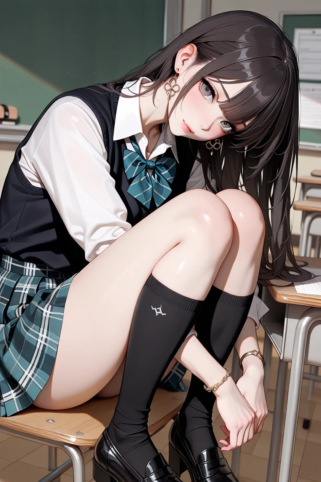 (8K、Best image quality、Highest quality、masterpiece)、One tall girl、((Full body))、Sit on the floor with your legs spread apart、White  are visible、Long Hair、Wavy Hair、blush、Moderate bust、White collared shirt、Short sleeve、((Plaid pleated ))、Classroom Background、((black tights))、Black Pantyhose、((No shoes))