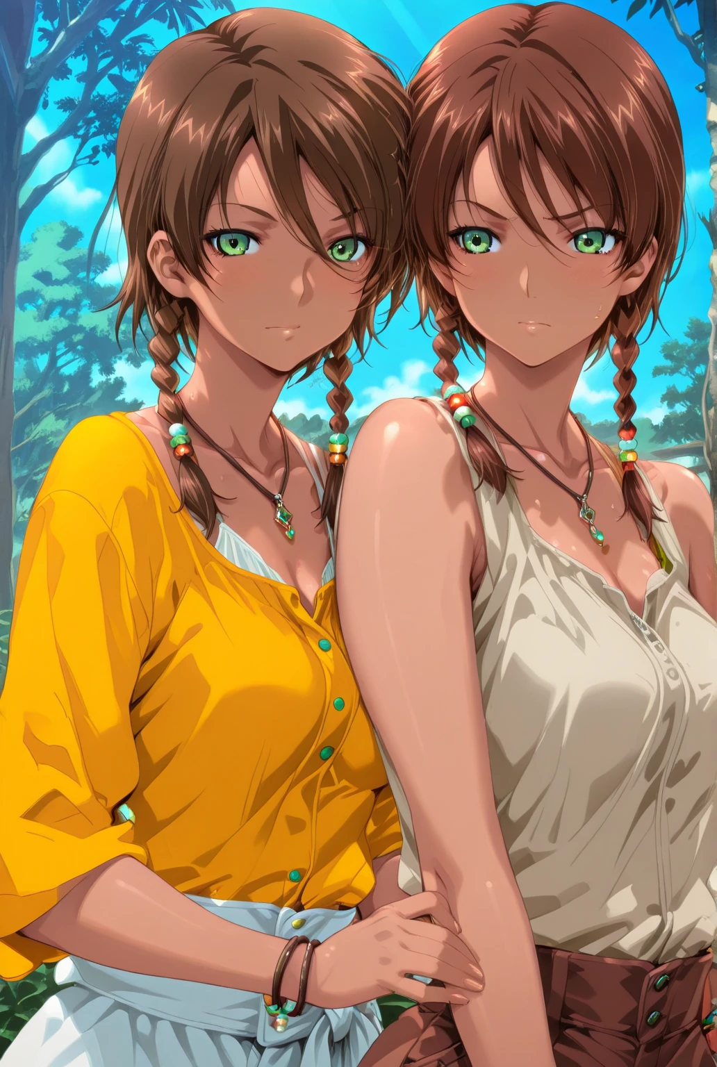 2 girl, girl (brown hair, orange eyes, red bow on hair, short hair, beautiful, mature), girl (curly hair, long hair, yellow eyes, green hair)