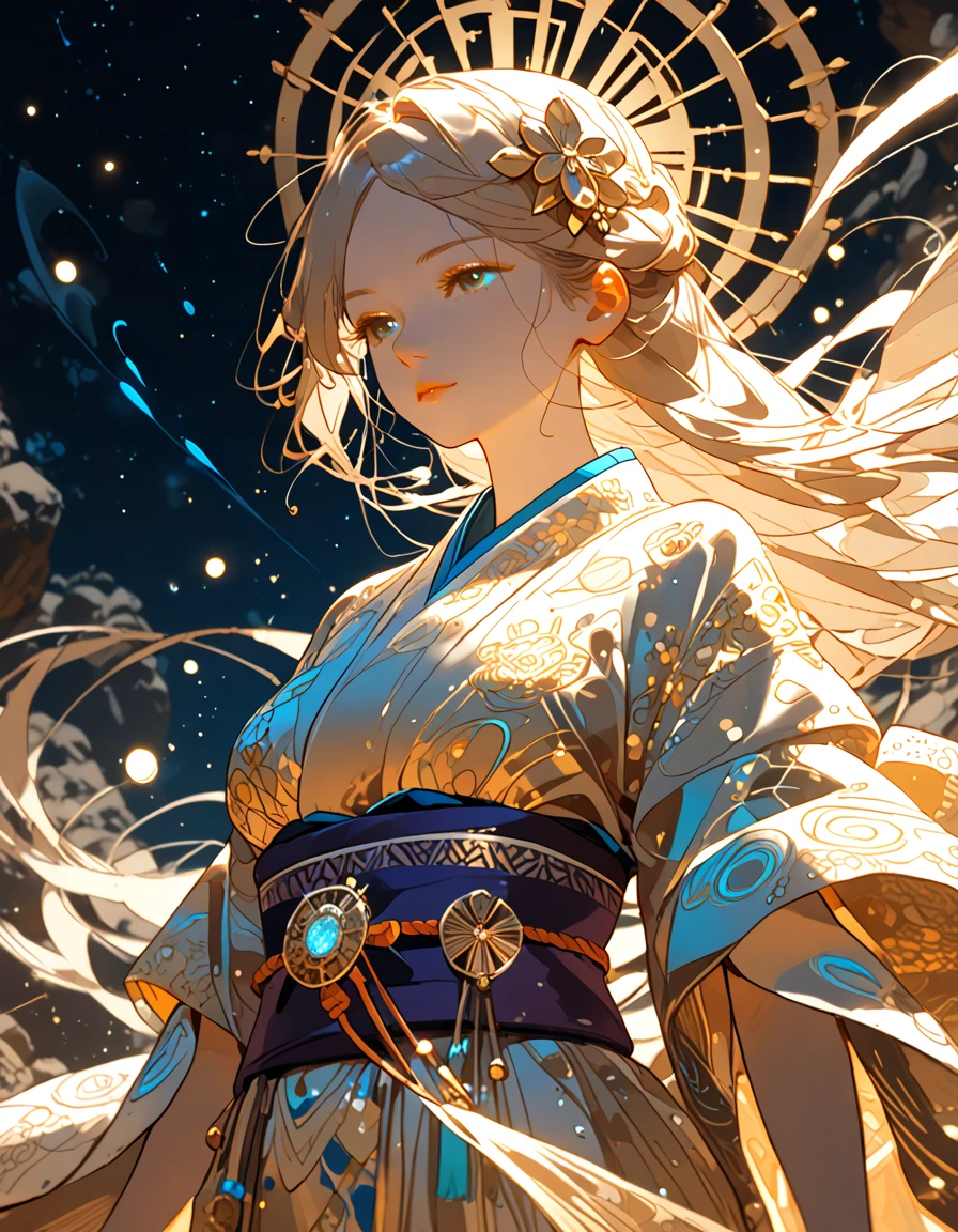 masterpiece, high quality, 4K, Beautiful design, silhouette，blonde， 非常に詳細な夜のStarry Sky,Flower Field， wonderful, Finer details,  Very knowledgeable woman, Highly detailed solo, 1 female,，Big ， Line，Yukata in white color，Night view，Starry Sky，full moon，