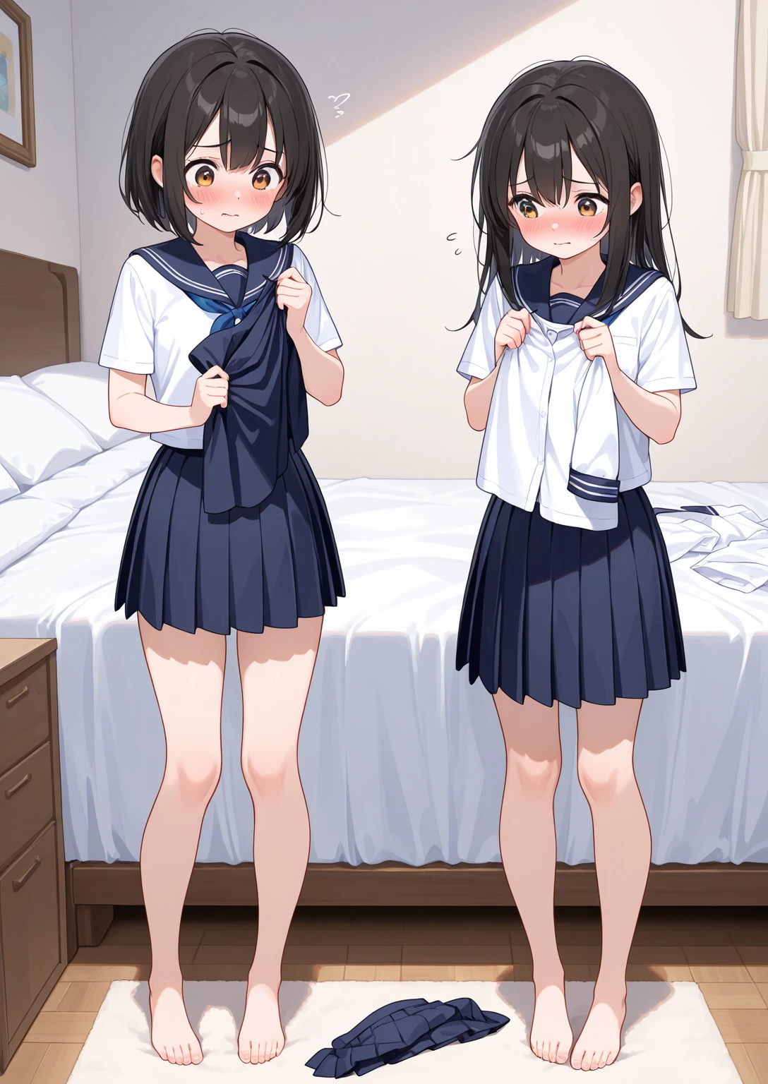 Plain white with emphasis on the ?????Ｔshirt、You can see the ????? from the neck、Ultramarine and white striped mini skirt、When you lift up her skirt you can see her cute pink frilly ?????????...、fluffy, White frilly flared skirt、When she lifted her skirt, She found some cute red frilly ?????????、barefoot、