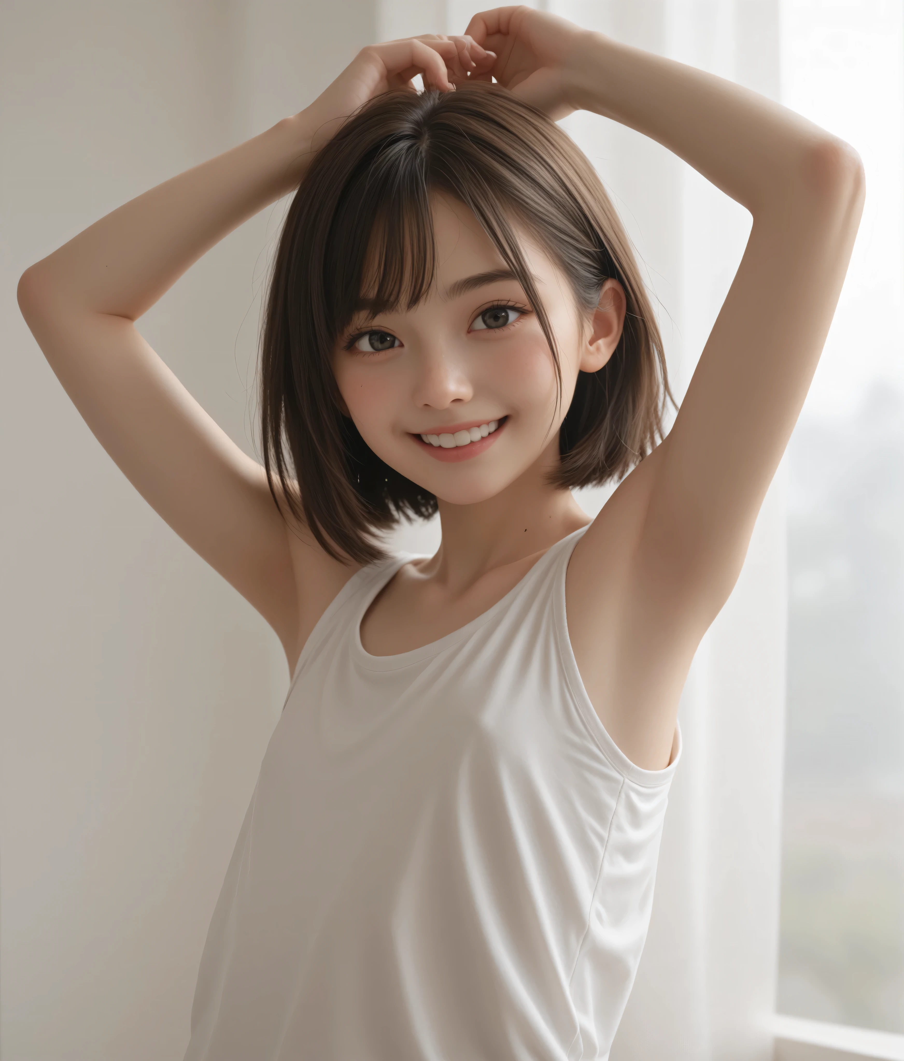 masterpiece, Highest quality, Ultra-high resolution, Super detailed, Sharp focus, One girl, alone, Amazingly cute and beautiful sexy Japanese model, 19 years old, View your viewers:1.3, (bright smile:0.6), wearing (blouse), evening, sunset, night, Realistic, thin, (Are standing:1.1), (Looking at the audience:1.3), Sexy Gaze, blush, (Upper Body Shot:1.6), Medium Hair, Messy Hair, Asymmetrical bangs, Light brown hair, Messy Hair style, ((Pure White Camisole、Place your hands behind your head、smile、Light clothing))