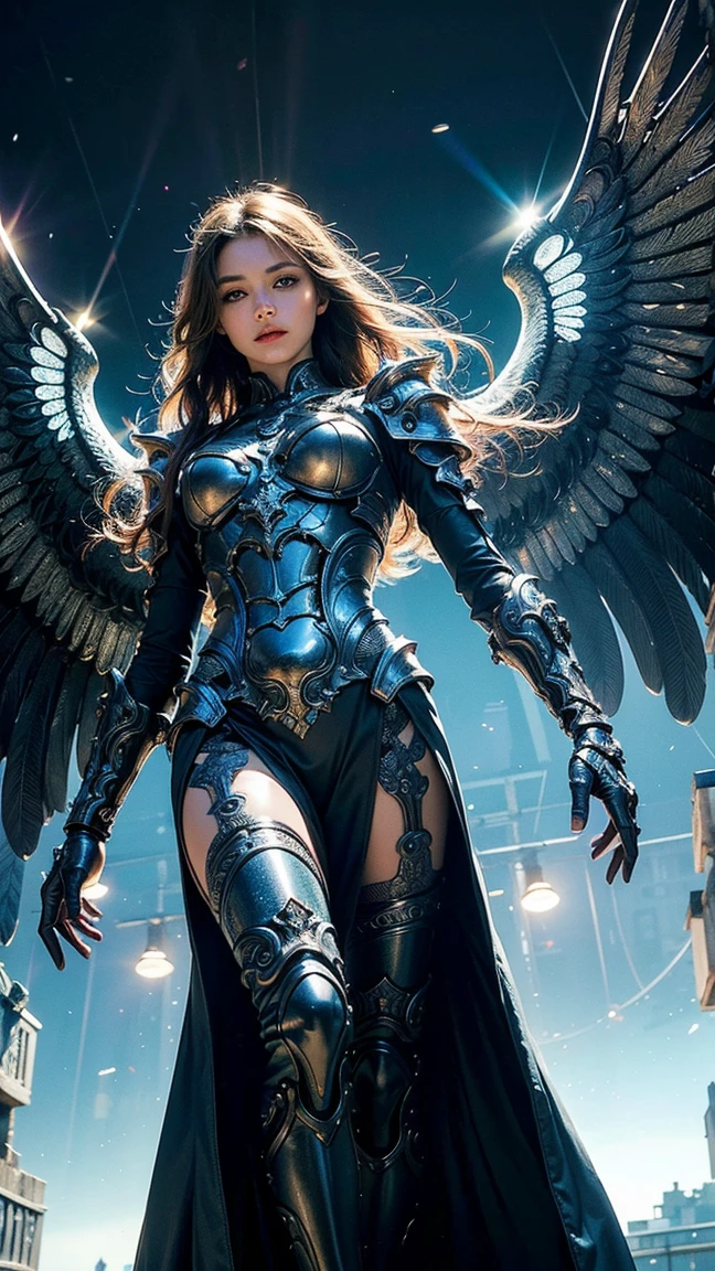 Long, wavy brown hair,blue colored eyes,black armour,black highheels,big black wings,perfectbody