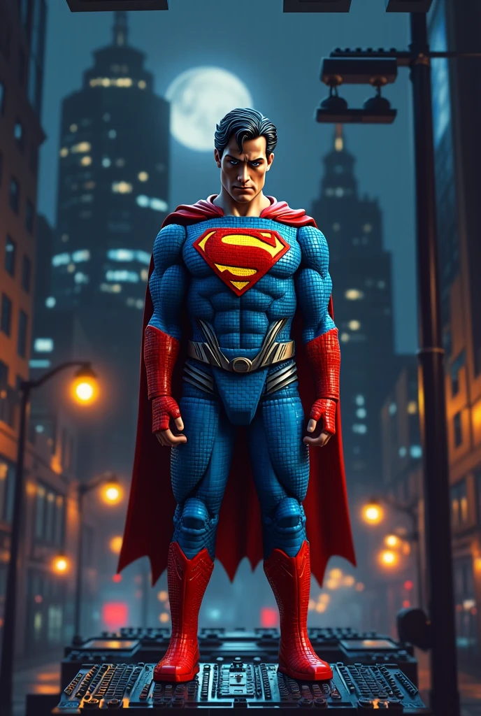 A highly realistic depiction of Superman, the iconic superhero, is showcased in this image. The focus is on Superman's muscular physique, defined  features, and confident expression. His vibrant blue suit clings tightly to his body, emphasizing his superhuman strength. The iconic red cape flows behind him, adding a sense of motion and grandeur to the scene. The lighting in the image accentuates the contours of his body, creating realistic shadows and highlights. The background features a cityscape, with tall buildings and a cloudy sky, hinting at Superman's role as a guardian of Metropolis. The attention to detail in the rendering captures the essence of Superman's character, showcasing his power, determination, and unwavering commitment to justice. This realistic portrayal of Superman pays homage to the beloved superhero while emphasizing his iconic presence and larger-than-life persona