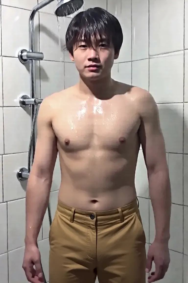 Japanese men、15 years old、Well-developed muscles and smooth skin、Pale blonde hair like Bakugou, but with a pointy cheek.、He laughed fearlessly, showing his teeth.、Primary color boxer briefs、The whole body is visible from toes to head、Bathroom、