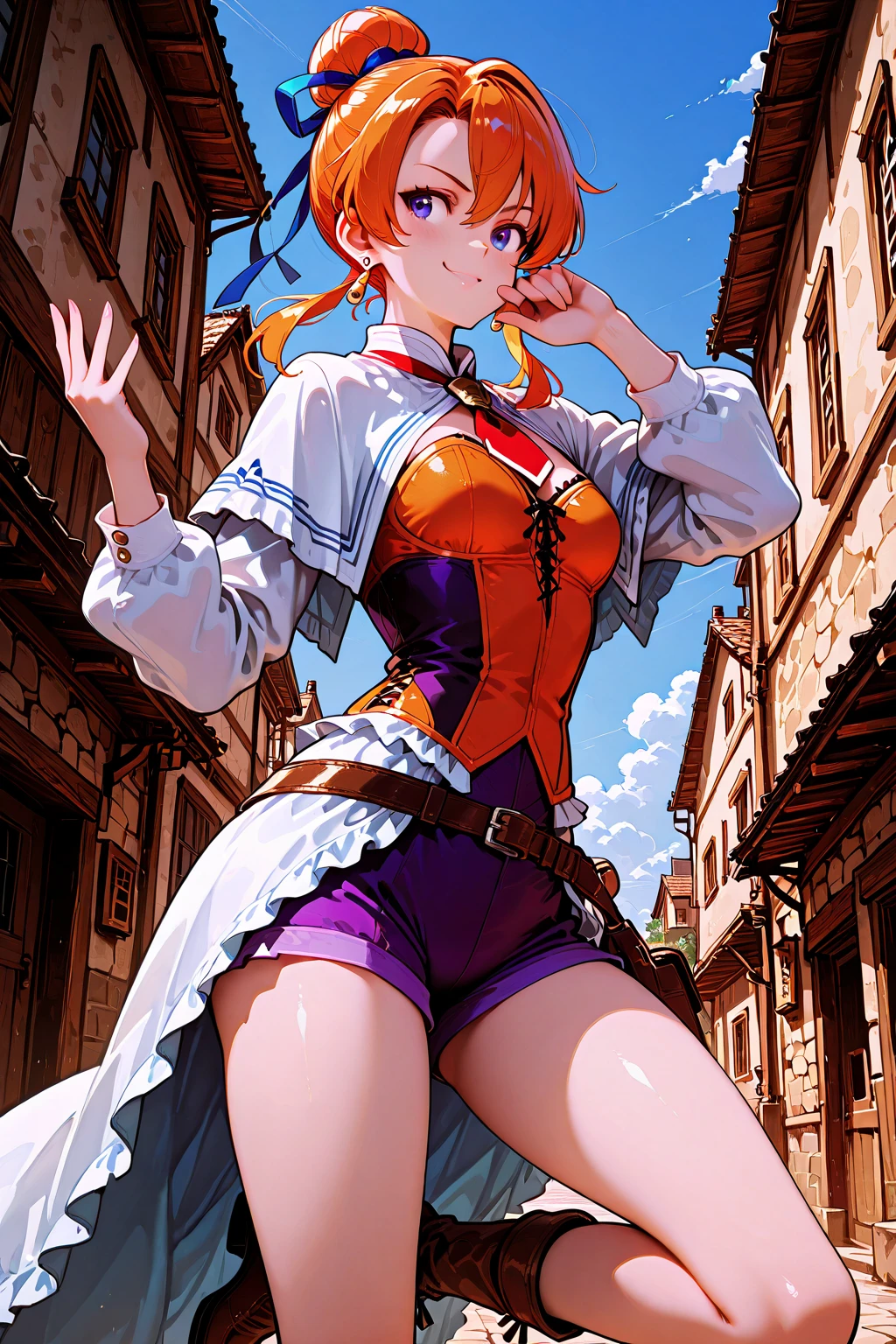 1girl,cowboy shot, beautiful nora_valkyrie, breasts, looking at viewer, blush, smile, short hair, bangs, blue eyes, skirt, thighhighs, gloves, holding, hair between eyes, jewelry, medium breasts, collarbone, full body, boots, orange hair, grin, shiny hair, white thighhighs, hammernight, outdoors, park, (volumetric lighting), best quality, masterpiece, intricate details, tonemapping, sharp focus, hyper detailed, heart cutout, gloves, jacket, pink skirt, pink belt, short sleeves, puffy sleeves, single armband, fingerless gloves, pink gloves