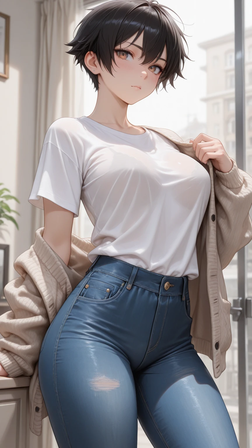 （Ultra-high resolution，RAW photogr，8K,k hd，Best quality，tmasterpiece:1.5），（Complicated details，realisticlying），1 very beautiful woman, age 22, 独奏, A high resolution, Extremely detailed face, (Professional lighting，bokeh），（light particules，lens flare glow，Luminous Particle：0.6），gentlesoftlighting，Trendy atmosphere，jpn，the street，Stylish short hair，bobo head， A brown-haired, Hair is delicate and soft，Fluttering, cparted lips, lipsticks,  smile, ssmile, Open-mouthed, teeth, There are small dimples，White swan neck，Shave your shoulders, Bigchest，（petite，Golden ratio figure），Wear one（blue gray）（tight-fitting，Wrap tightly around the body）Sweaters, (Wash blue）（Fashion jeans),（detailed outfits:1.5）， double eyelid，long eyelasher, birthmark, (Moles under eyes: 1), Big breasts Thin waist，Beautiful buttocks，The calves are well-proportioned, slenderness:1.2，A pair of small white and tender jade feet，Beautiful toes:1.5，Wear stylish sandals，（Coquettish and playful beautiful pose），Female-centered focus photography，The waist and crotch are the focus，Broad lighting，naturalshadow，wide wide shot，close focus，shooting full body:1.8,fully body photo:1.8