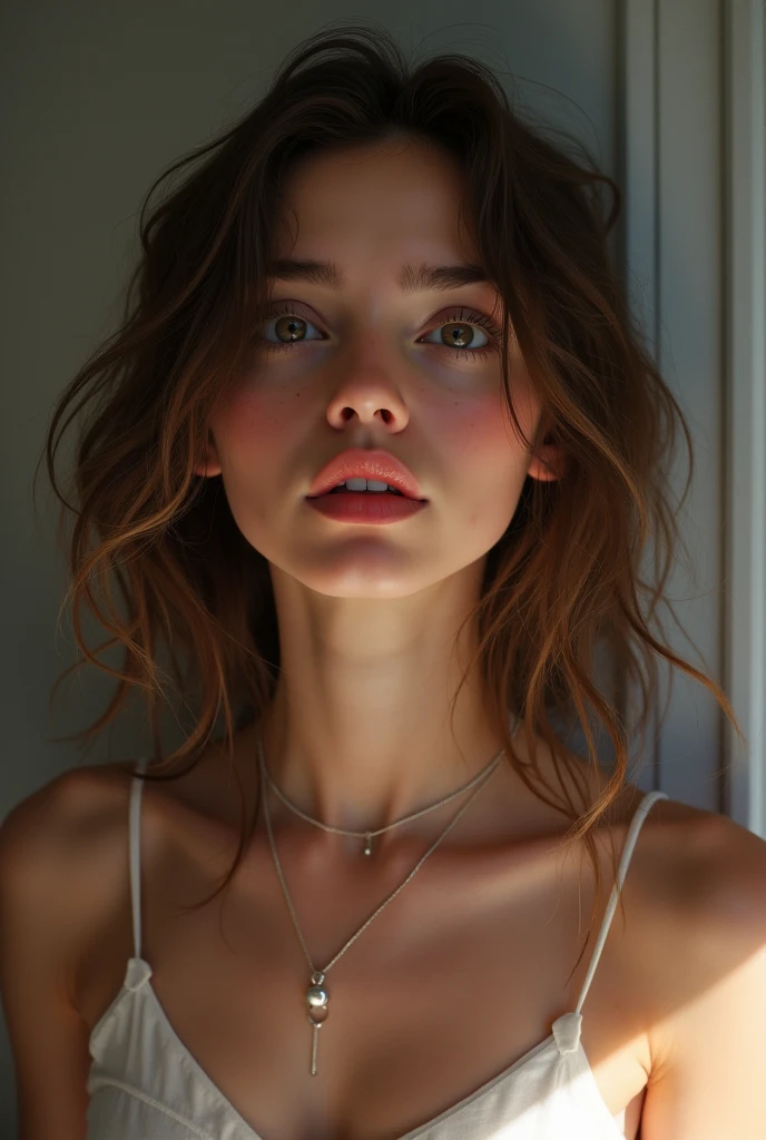 (((ultra realistic))) Photo, masterpiece, top quality, (pale skin), (Ultra detailed face and eyes:1.3), 1 girl, Adult, in a T-shirt, (Eye makeup, mascara) , ((large detailed lips)), ((ash wavy hair)), ((Chyolka)) , (Natural ), Slim waist. ((Posing)), photoshoot, studio (soft lighting), (The play of light and shadows), depth of field, bokeh, (special attention to skin detail: 1.2), Detailed leather texture, skin pores. (Airy atmosphere of the frame. Color range - delicate, Bright, white, Pink tones), UDR, ((Film grain)), ((rays)), ((glare of the sun)), ((waist up portrait, close to the camera)) , ultra detialed,
