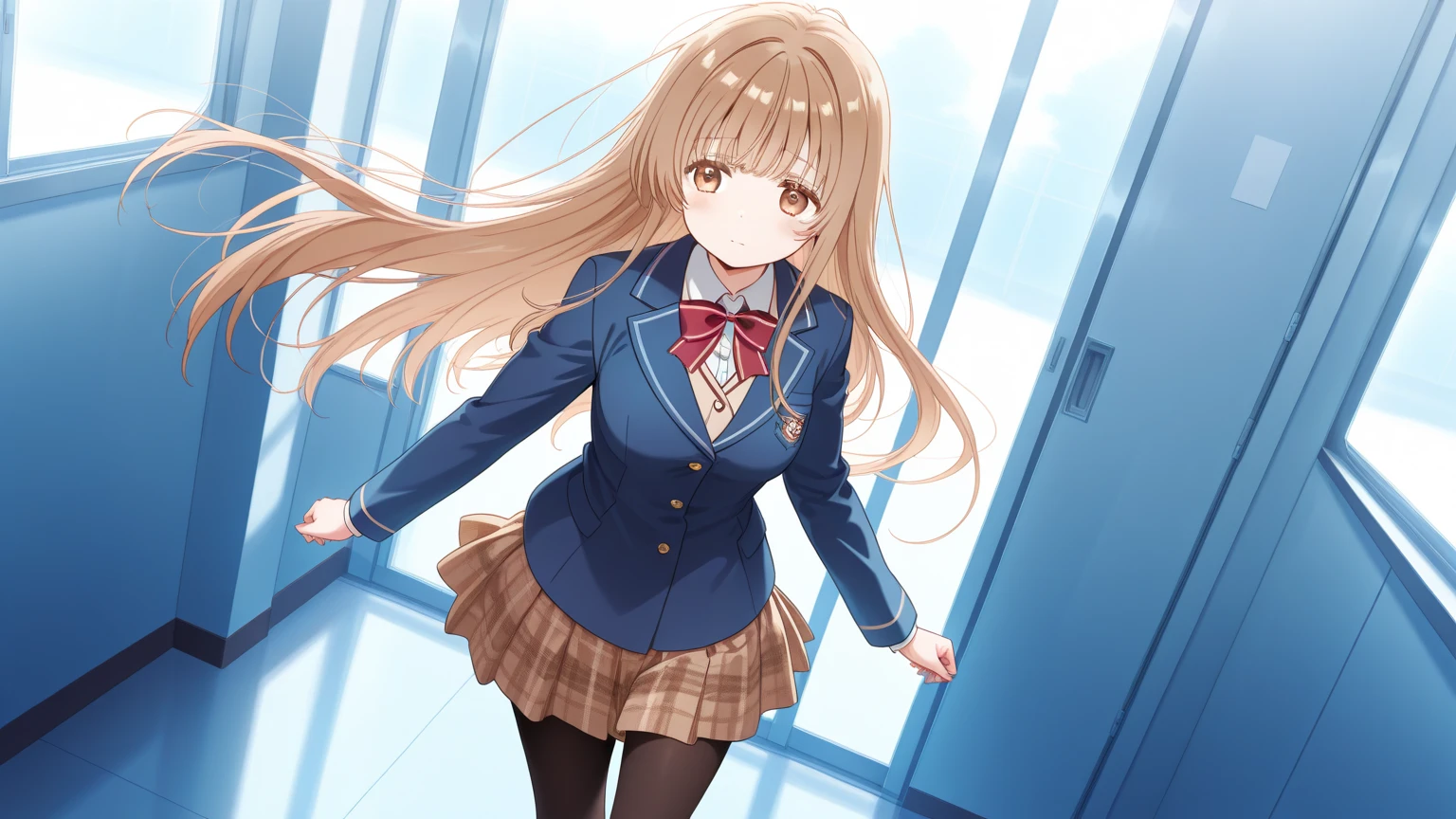 masterpiece, best quality, highres, aariko, long hair, blonde hair, two side up, hair ribbon, pink ribbon, , frills, serafuku, sailor collar, necktie, white shirt, long sleeves, red skirt, standing, cowboy shot, outdoors, smile