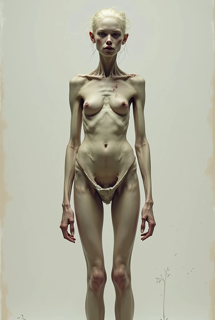 1 anorexic very skinny anorexic woman, 75 year old Sigourney Weaver lookalike, ((34A-24-35)) ((5 feet 11 inches tall, 5’11” tall, 125 pounds anorexic extra long skinny stretched limb appearance)) ((a half length body portrait, serious wrinkly 75 year old aged face appearance, over 75 years old, naturally old but sexy,)), masterpiece, best quality, super detailed, ((totally  woman))), (((light gray very long curly hair worn in a long shaggy hairstyle))), ((very dark dramatic eye makeup)) and ((extra long eyelashes)), ((very red lips)), flat chest, tiny anorexic old saggy tits, very small triangular old saggy breasts ((tiny bright red )), very tiny white bubble shaped old ass, ((old bow-legged sexy wide 3-inch thigh gap)), ((gray haired old pubic hair thatch)), ((puffy red old mons , enlarged red old mons , red puffy soaking wet juicy old )), saggy wrinkly old lady pot belly with very ((visible veiny lower groin area)), tiny narrow ((24-inch waist)), very skinny veiny old flabby arms, very skinny and veiny old anorexic muscular flabby bow-legs with big bow-legged thigh-gap, skinny calves with big round knots of veiny gastrocnemius muscles, dramatic indoor light with a skylight, f/5.6 bokeh drama inside an abandoned space station and water pumping space station building with lots of broken metal brass pipes and metal and wiring hanging everywhere, she is leaning against a plastic metal computer and equipment testing bench, a slight sexy smile looking straight at the camera, (film grain: 1.3), backlight, (lens flare: 1.1), (halo: 1.1), (chromatic aberration: 1.1), (warm tones, warm tones), aging old 75 year old extra skinny anorexic Sigourney Weaver lookalike, (aging anorexic old wrinkled and age-spotted freckled face, freckled age spotted old boney chest and wrinkled old flat chest tiny tits, wrinkled saggy veiny old lady pot belly, wrinkled freckled spotty veiny old skinny muscly milky white thighs and bow-legs)