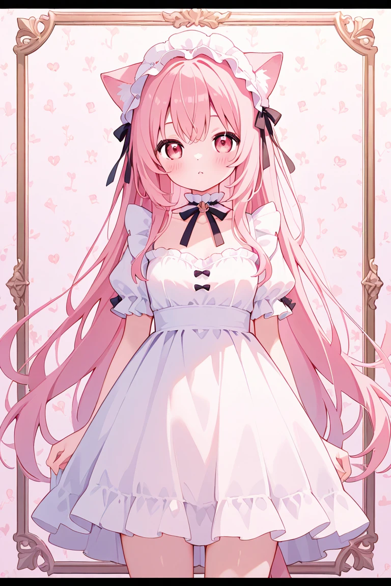 Girls with pink hair, long double-tailed hairstyle, ((small pink bushy eyebrows)), dressed in lolita clothes, marked ,  (Zankuro) drawing style by zankuro artist, Zancro style, image uploaded to R34, changing of clothes in a room, semi  with  in her hands looking away, not looking at the camera (hidden camera recording her, security camera filter recording her)