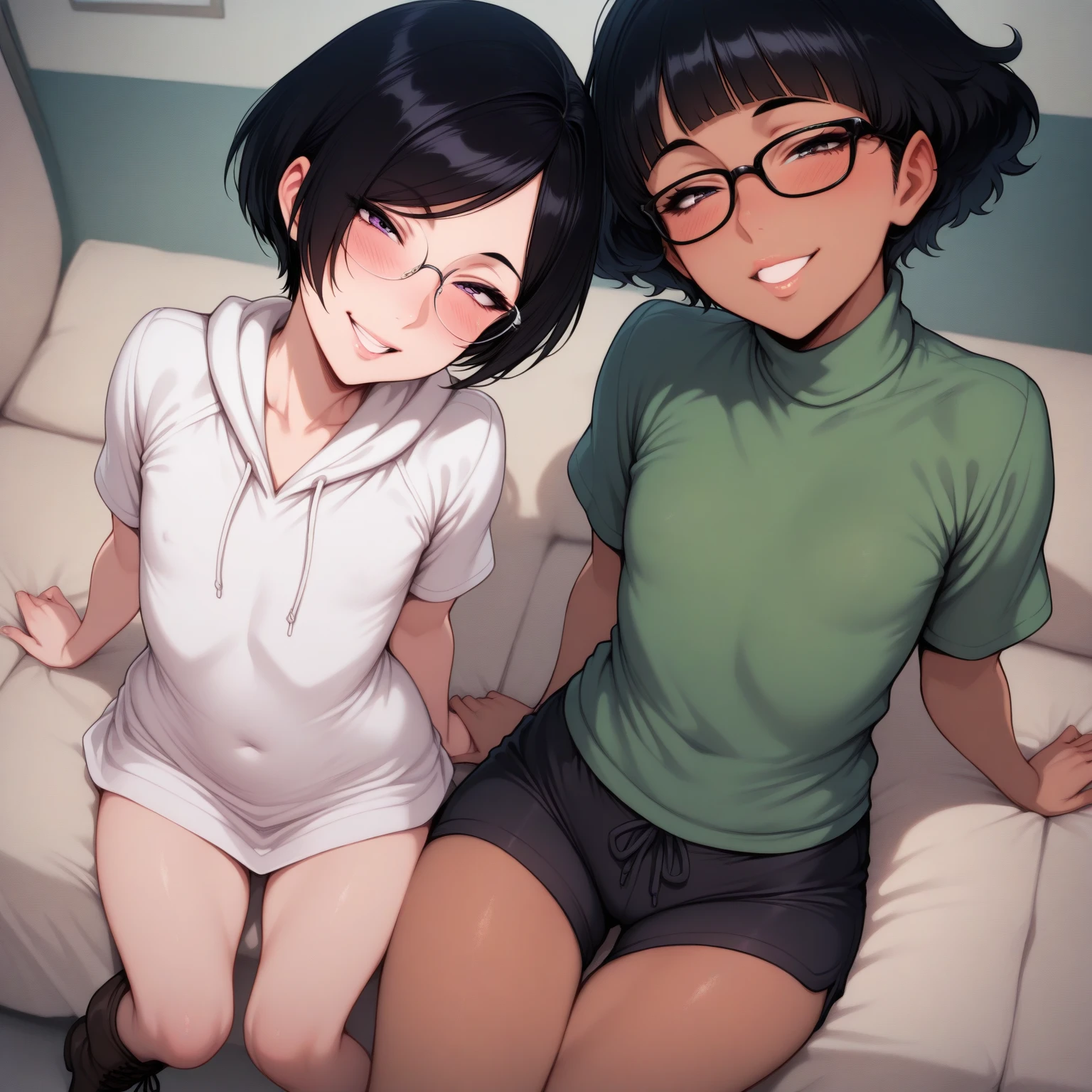 score_6_up, best quality, anime screencap, dark_skin, futanari, , short hair, medium breast, , big , , hotel, sitting sofa, smile, bossy, 1female, grabbing , fair skin, big breast, long hair, 