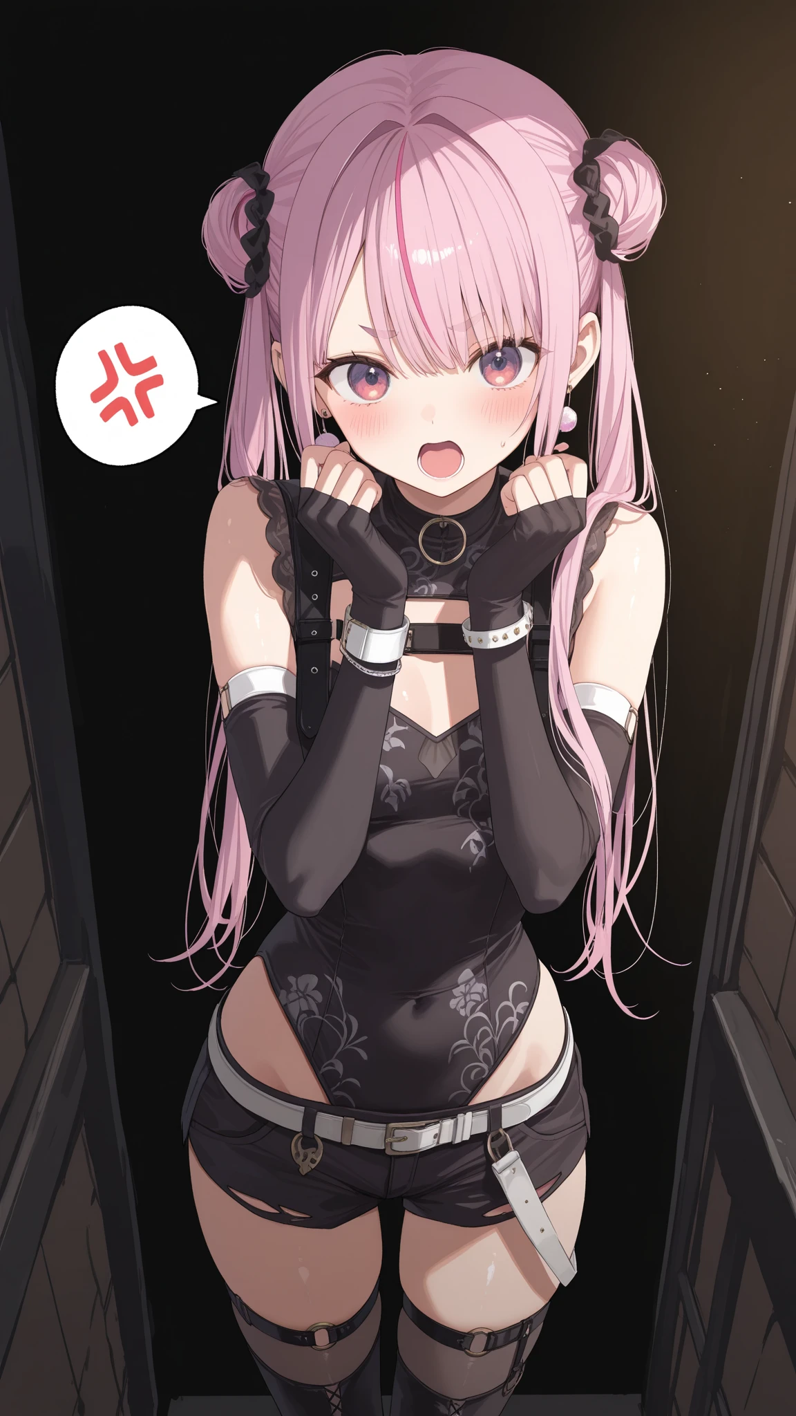 One Girl, A girl is posing for a photo, pretty girl, Enchanting girl, Beautiful Anime Girls, (Very young girl,low length,5 years old), 

((Matte pink hair, Bangs that expose the forehead:1.4, Long Hair : Long Hair + Curly hair + Curled + Plump and very voluminous + Very thick hair + Big black ribbon), (blue eyes)), 
((:1.6)), (Sheer, revealing, sexy black :1.8 + Sheer black elbow gloves:1.8 + Sheer knee-high stockings:1.8, Black High Heels:1.4, Black blindfold:1.4), 
((Black collar + Chained)), 
BREAK 

官能的な,((Very small breasts:1.4)), 
BREAK 

((Embarrassing + blush, cry + Big tears, Open your mouth + tongue + Drooling)), 
BREAK 
((noon, Magical Love Hotel:1.4, Lying on the bed(Are sleeping):1.4 + Spread your legs out to the sides))、((Face the viewer:1.4, Cowboy Shot)), 
BREAK 

(Beautiful Hair, Shiny Hair, Shiny Hair)), 
(Double eyelids, Long eyelashes), 
(Expression of fine eyes, Beautiful and delicate eyes, Sparkling eyes, Eye Reflexes), 
(Beautiful Nose,Thin Nose), 
(Glossy Lips, Beautiful Lips, thick lips), 
(Symmetrical  features, Perfect Face), (Beautiful breasts), (Detailed skin, Oily skin, Textured skin, Glowing Beautiful Skin), 
BREAK 

((Ultra-high resolution)), (((masterpiece))), (((Highest quality))), ((8K)), (Attention to detail), (Beautiful sparkle), (High detail), (Anatomically correct)), 
((Realistic)), ((The best CG)), Highly detailed art, CG illustration, ((Line art)), 
