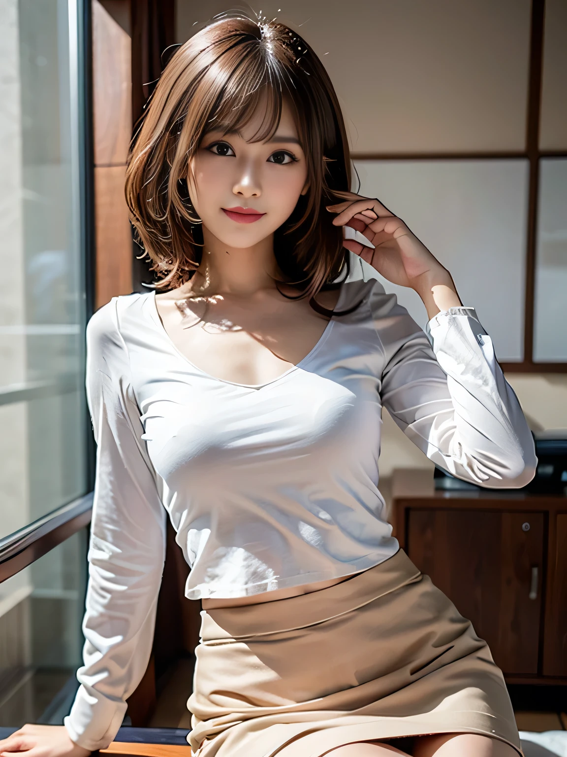 Best Quality, (A :1.4), Sit on the bed, Put your hands on your head, short-hair, (huge-breasted:1.4), (pencil skirts:1.0), (tight lace blouse:1.0), (Smile), (pantyhose:1.0)
