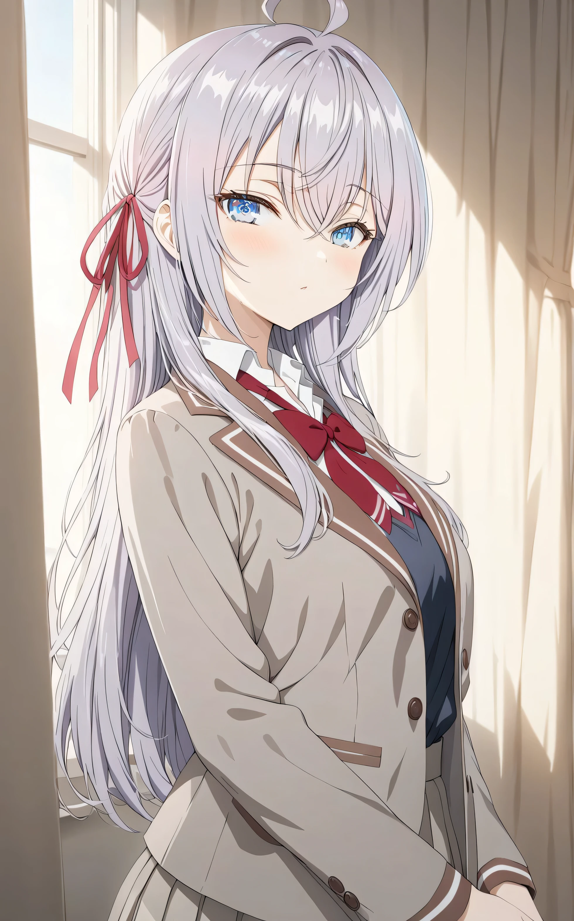 masterpiece,  JK, uniform, Black pleated skirt with white stripes, girl,  Long white hair, Straight Hair, Ahoge, the body is slim, Baby Face,  Beautiful , Round , Big , Long sleeve, Beautiful Eyes, White knee-high socks, Black Skirt, Bedroom, M-shaped legs, Spread your legs、Excited, Open Blazer, Red ribbon, Black shorts with lace