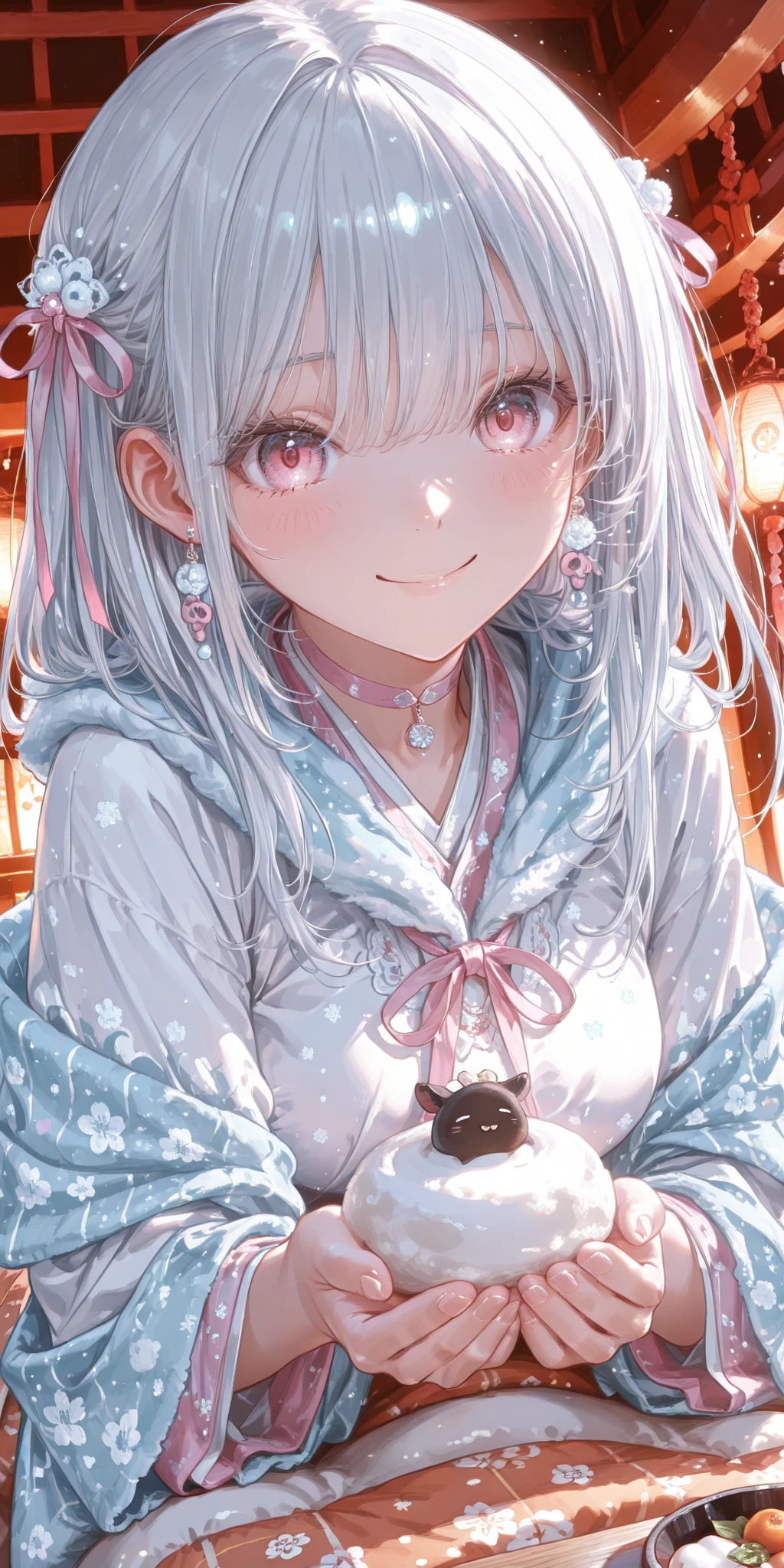 White hair、short-hair、Curled Hair、Light red eyes、Cute clothes、jaket、Black skirt、murky、sitting down on the floor、Sitting、Hair swaying、florals、Sad girl、Knitted clothes、flower on head、Red skirt、puppet、deadpan、tears、Empty eyes、heartbreaking、Kurusashi、mournful、tears、tear