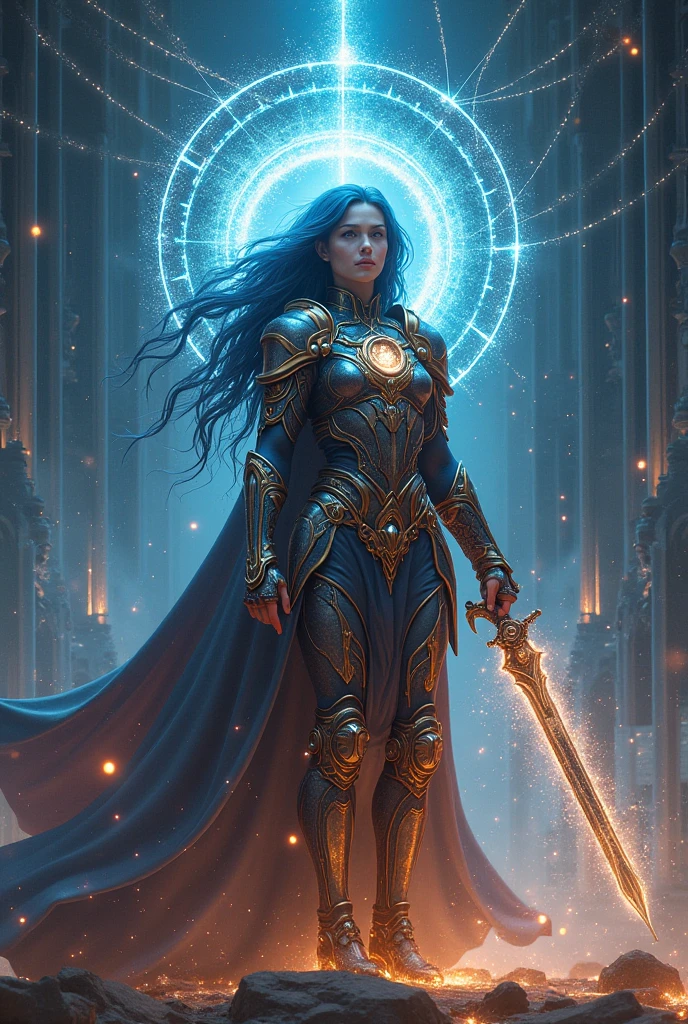 Niji mode.  Full body.  Ethereal sorcerer secret agent, elegant thin suit with fluid luminous white glowing magic circuits, celestial explorer emerging from a portal.  Holding a longsword with glowing magic writings and long handle, glowing tattoos, magic piercings, magic stones, glowing magic eyes, advanced technology mixed with magic, magic circuits, magic tools, magic materials, developed by Technological Magic.  Walking in the middle of a magical atompunk metropolis mixing technology and vegetation, the sky full of bright stars with cold colors.  Wide and deep scenery with multiple planes of depth, cinematic and dynamic scene with sense of movement, view of magical glowing lights reflecting the scene, particle effects, elegant pose, aura lights, glowing, epic atmosphere, celestial splendor, galactic fragmentation .  Old anime style, Studio Ghibli, Metal hurlant, art book, RPG fantasy, comicbook.