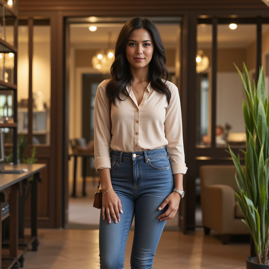 (1girl:1.2) , best qualityer, whole body, best qualityer, highres , dark hair, realistic texture, gorgeous face, soft skin, white blouse, Grinning, skin fair, standing in living Room, light skin, pale, facing the camera, 8K, smiling