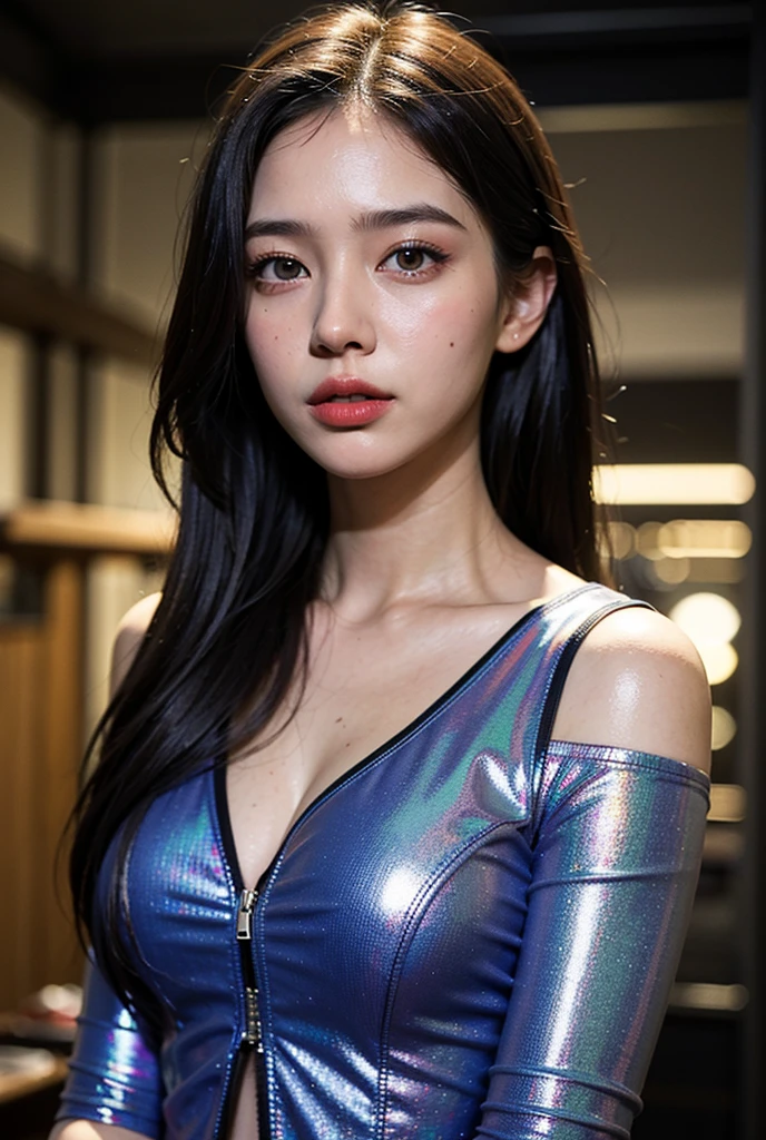 Photo studio、Rubber texture shiny patina silver leather blazer suit、Shiny teal silk shirt、Cleavage、（?????????????:1.4)、Japanese、Gravure idol、Cute 18 year old girl,Black hair in a ponytail, masterpiece, 最high quality, 超high quality, high quality, High resolution, 超High resolution, Absurd, 4K, 8k, 16K, Very detailed, Realistic, photo Realistic, RAWphotograph, photograph, Super Fine Illustration,Beautiful Face、Realistic Face、(Ultra detailed hair)、(Ultra-detailed eyes)、Beautiful details、Realistic Skin、Perfect ???????、(Detailed skin)、Beautiful Skin、Charm、Ultra high definition、Ultra-realistic、Correct ???????, Perfect proportions