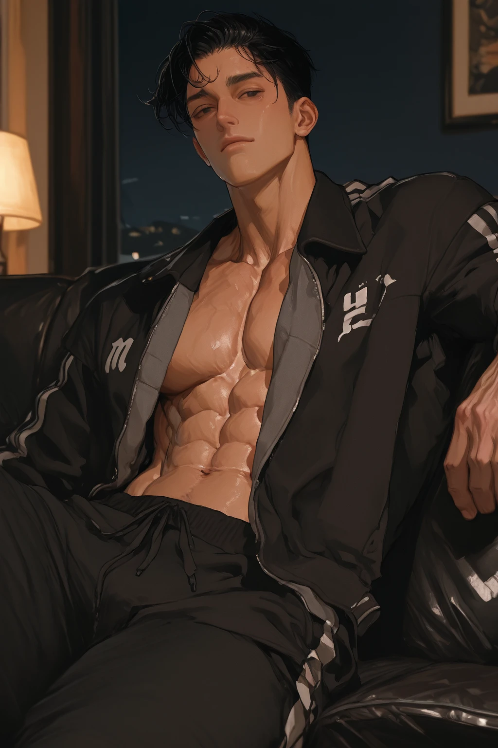 yoru valorant, shirtless, fully shirtless, jacket, laying in bed, sleeping, tight trunks, bulge 