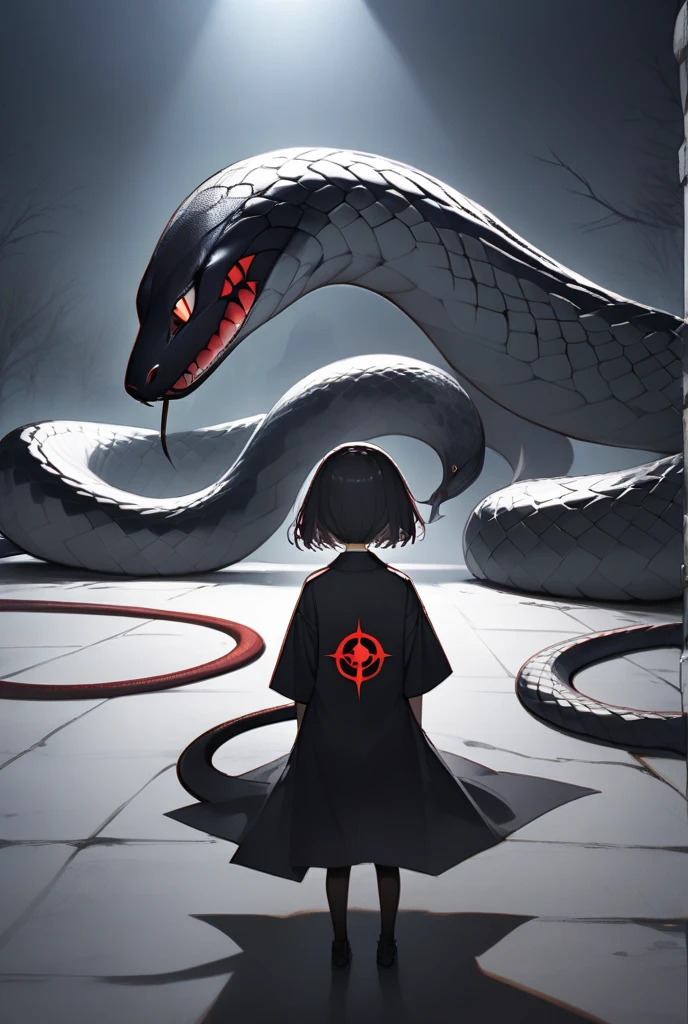 (finely best quality illustration:1.1), (1girl, solo:1.1), (black short hair:1.1), (masterpiece, ultra high quality), (standing), (full body), (1girl), (solo), (female focus), (Singular, large red horn), (half human/half snake hybrid), (Messy bob-cut with sharp bangs), (big eyebrows), (angry eyes), (long, snake like tailbone) (Cute anime snake eyes), (limbless, snake-like, female body)