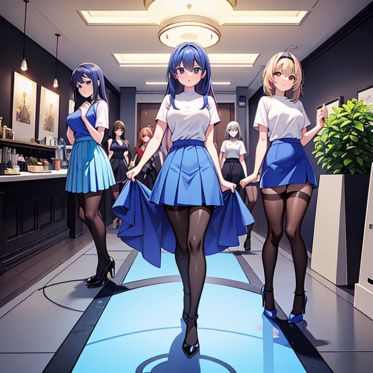 sofa,plant,from below,(hotel entrance,hotel lobby,front desk,check-in:1.3), , , (6girl:1.2),masterpiece, best quality, multiple girls, black hair, , walking,  large breasts,