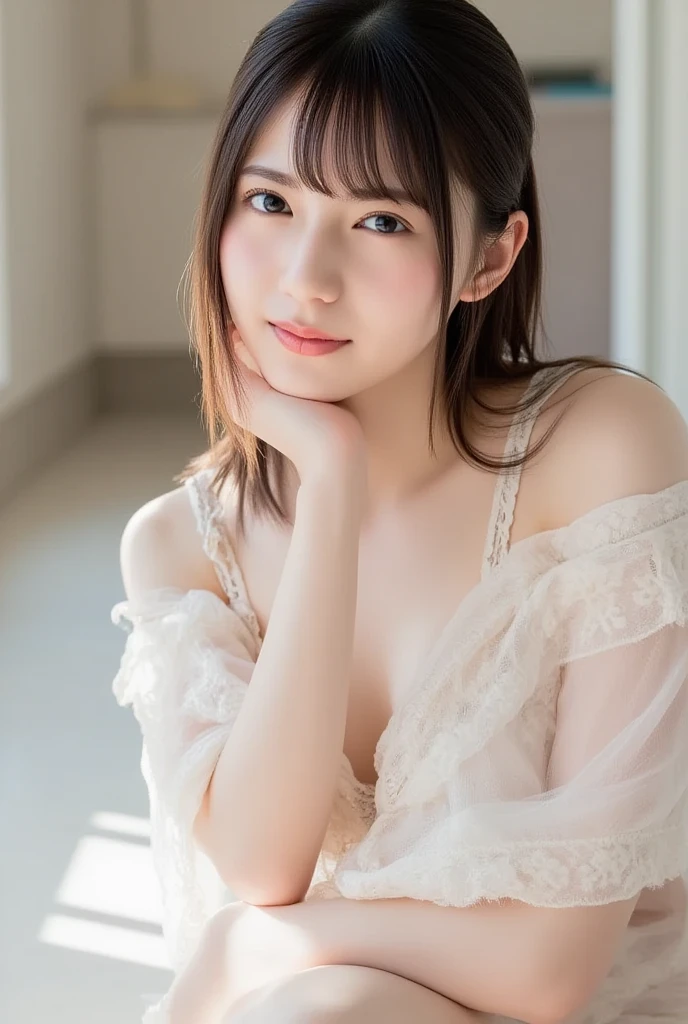 smile、Happy expression、(?????????、White or pink、??????、Full body description、M-shaped splits、Showing ?????、Showing ??????? ????? 1.6）RAW Photos、(((The ultimate beauty portrait seen from directly below)))、((Glowing Skin))、1 girl、Beautiful teenage girl from Prague、With hem、((Brown Hair))、(???????????)、(Open-front see-through lace 夜dress:1.5)、(Open your mouth:1.2)、(Very detailedな口)、((Big eyes that shine like jewels))、Glowing Skin、(Medium Hair)、(Smooth ponytail hair) 、eyeliner、Beautiful Bangs、Hair between the eyes、highest quality、Very detailed、Film Light、Intricate details、High resolution、Very detailed))、Bedroom、Detailed Background、8KUHD、Digital SLR、Soft Light、High resolution、Film Grain、Fujifilm XT3 、Shallow depth of field、natural Soft Light、god々、