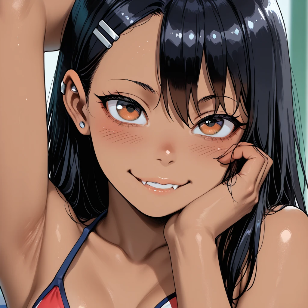 anime screencap, anime_core, score_9, score_8_up, score_7_up, anime screencap, h1nats0r0, black hair, 1girl, ponytail, long hair, purple eyes, Smiling, looking at the viewer, blue theme, blue background, cloudy sky, sunlight, sweat, , bikini swimsuit, large breasts, cleavage, belly button , collarbone, thighs, sea and beach, 